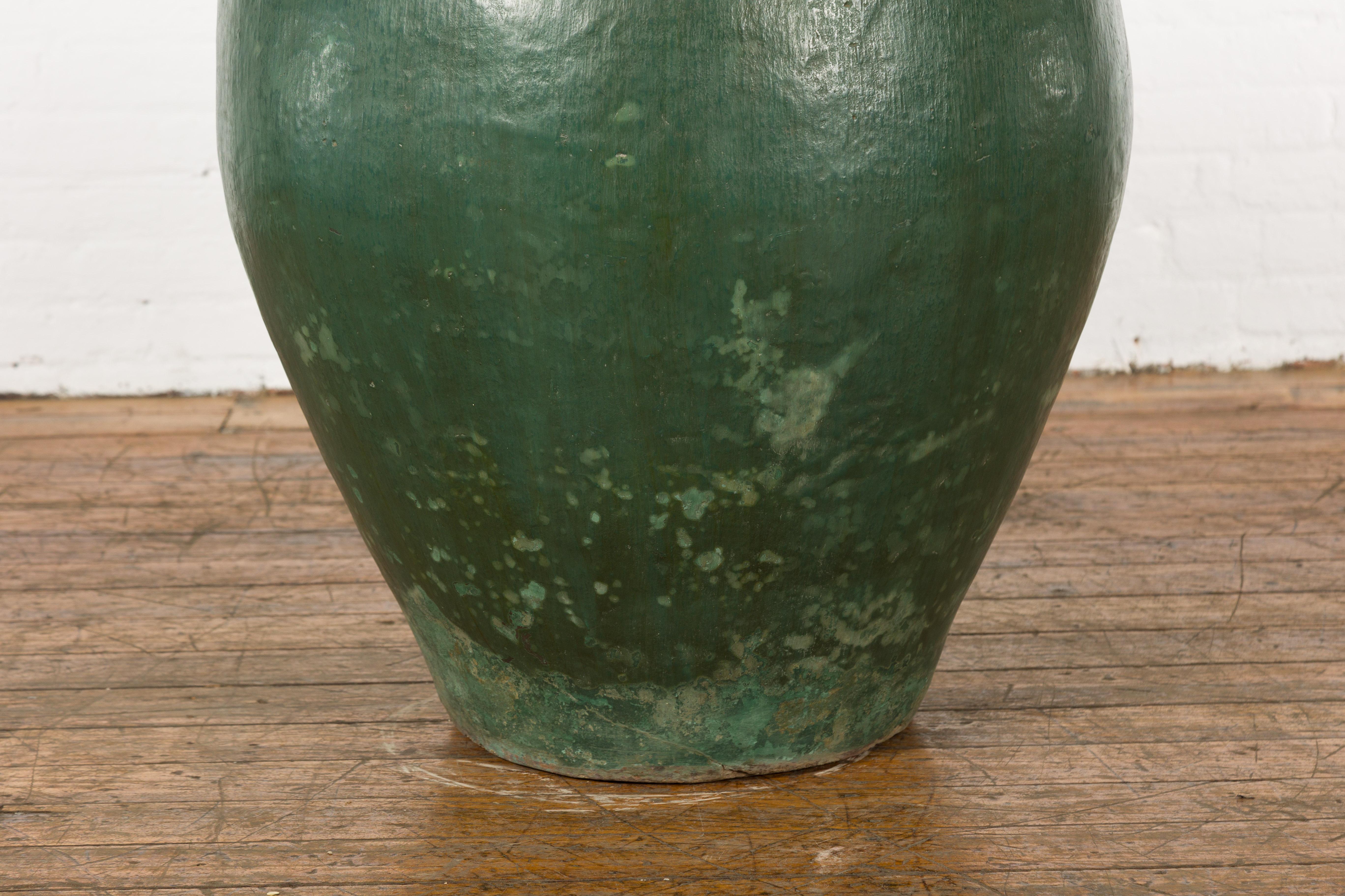 Large Thai 1950s Green Glazed Ceramic Planter with Brown Lip and Tapering Body For Sale 4