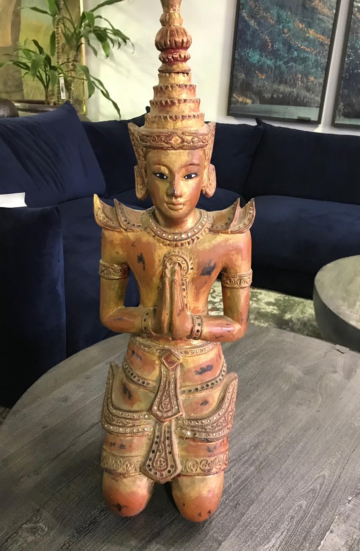 Hand-Carved Thai Asian Large Carved Wood Gilt Lacquer Kneeling Praying Temple Shrine Figure For Sale