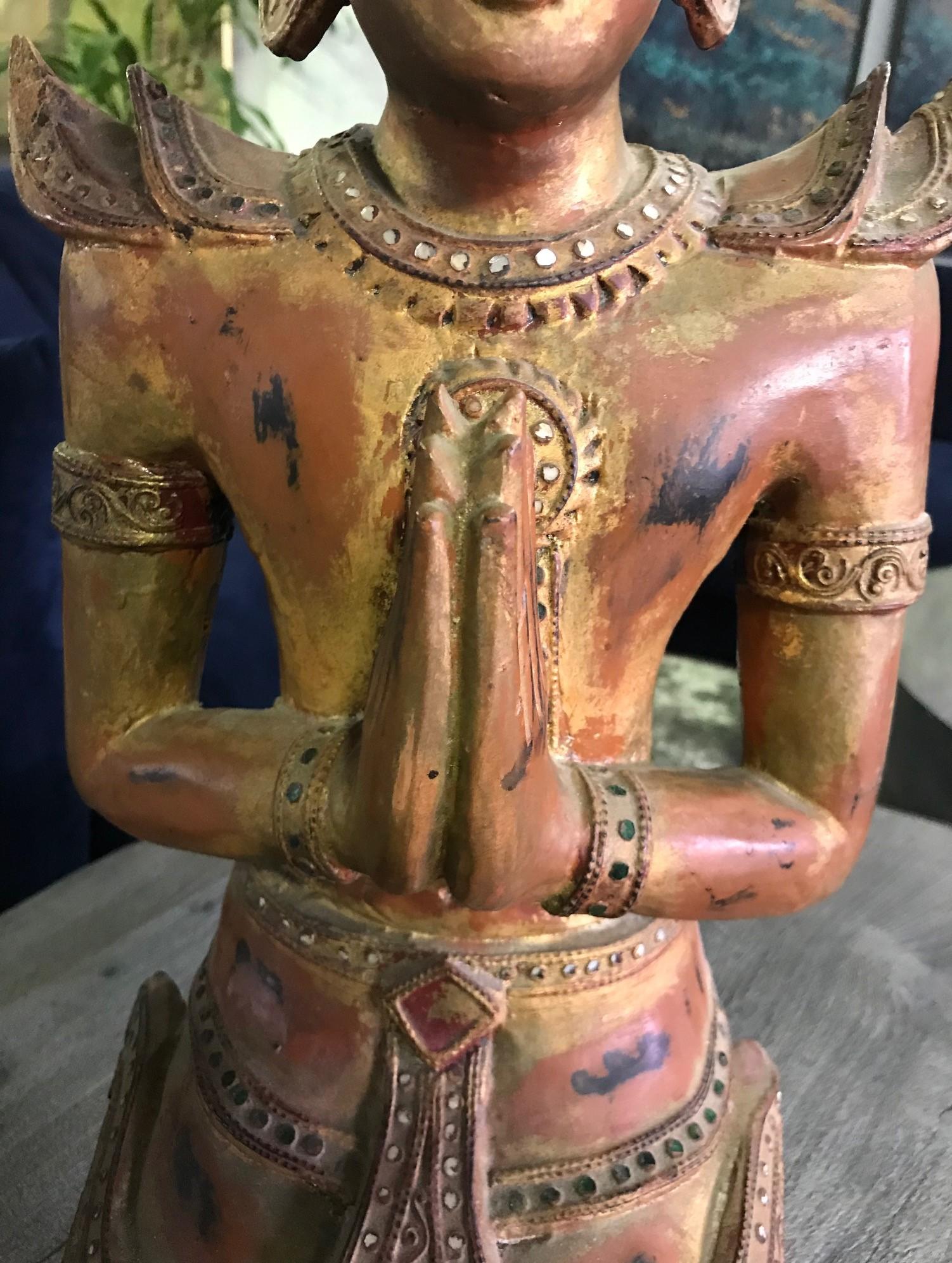 20th Century Thai Asian Large Carved Wood Gilt Lacquer Kneeling Praying Temple Shrine Figure For Sale