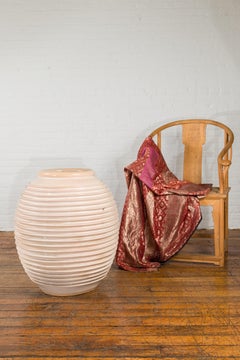 Large Thai Cream Toned Vase with Graduated Lines Décor and Light Pink Undertone