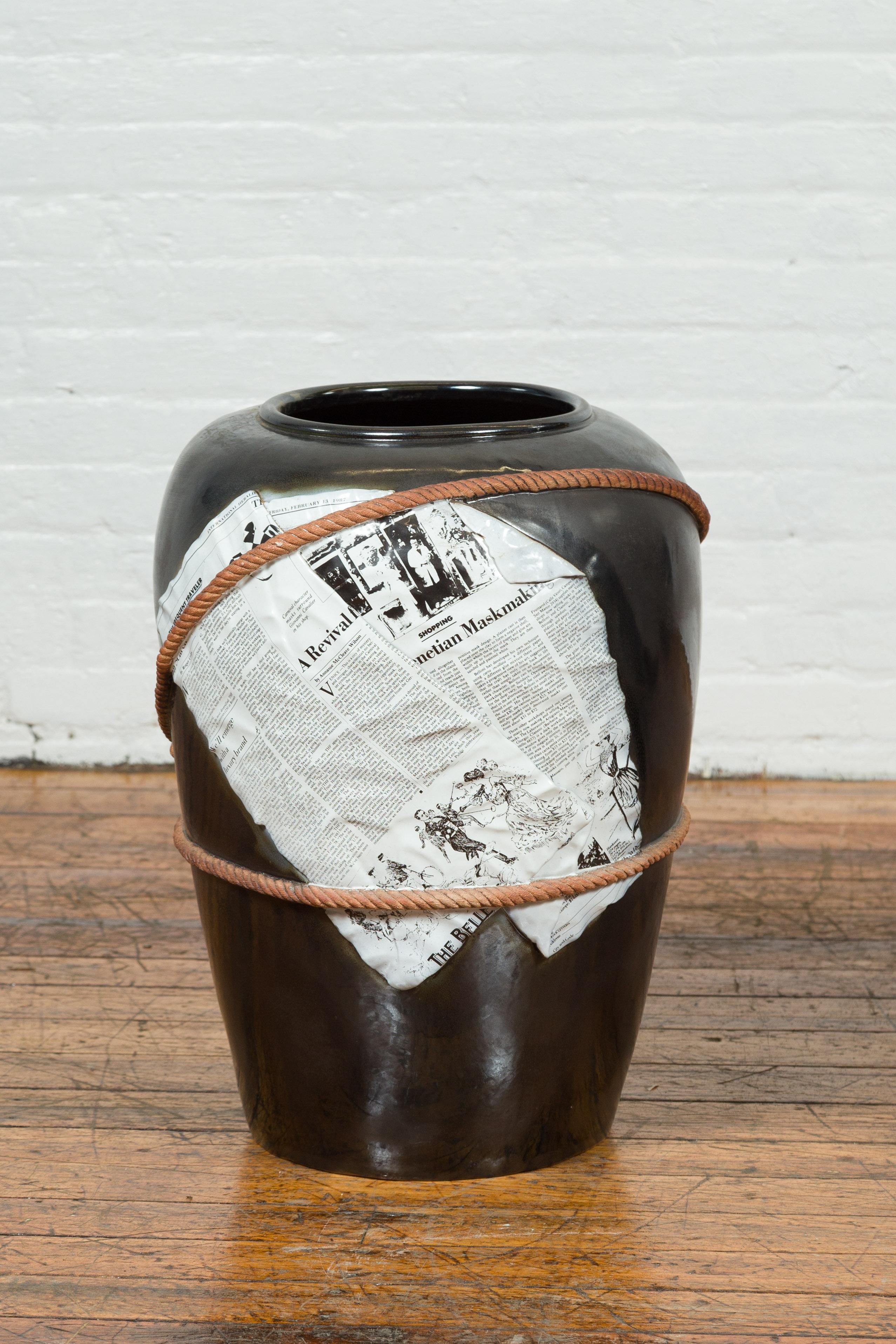 Large Thai Exterior Flower Vase with Black Patina, Rope and Newspaper Motifs In Good Condition For Sale In Yonkers, NY