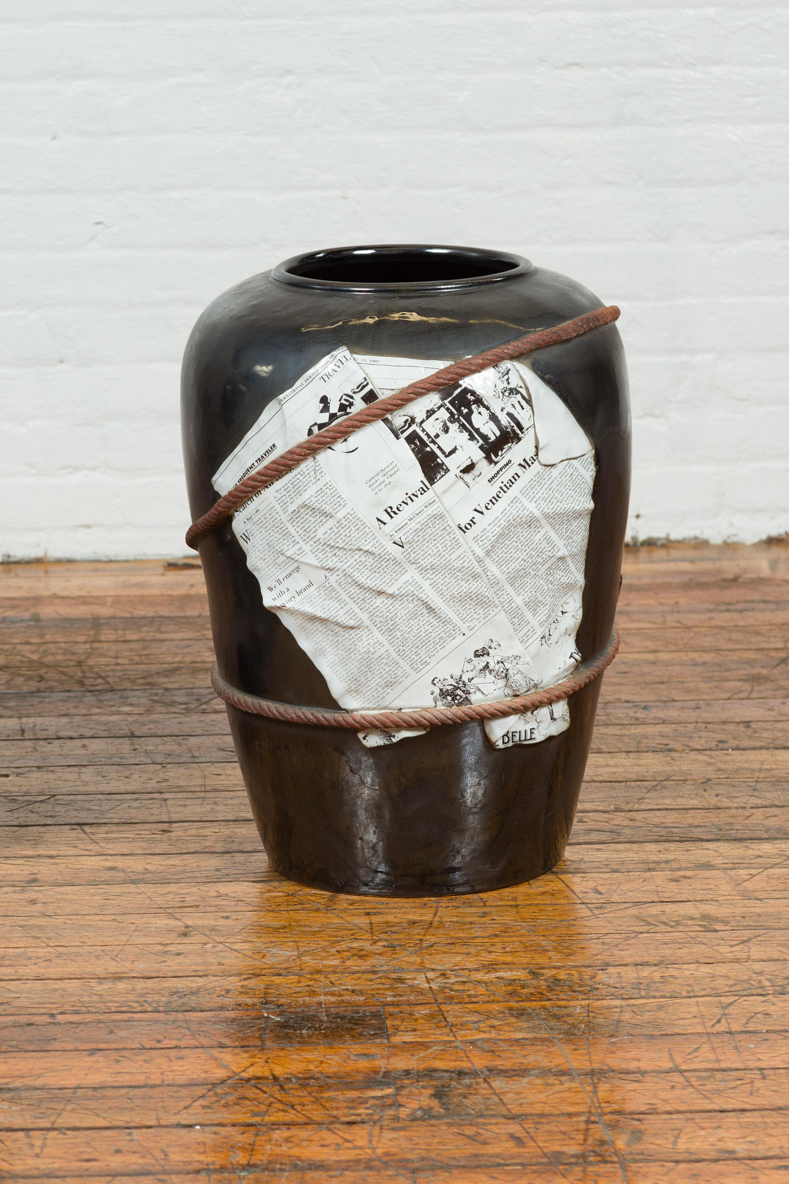 Contemporary Large Thai Exterior Flower Vase with Black Patina, Rope and Newspaper Motifs For Sale