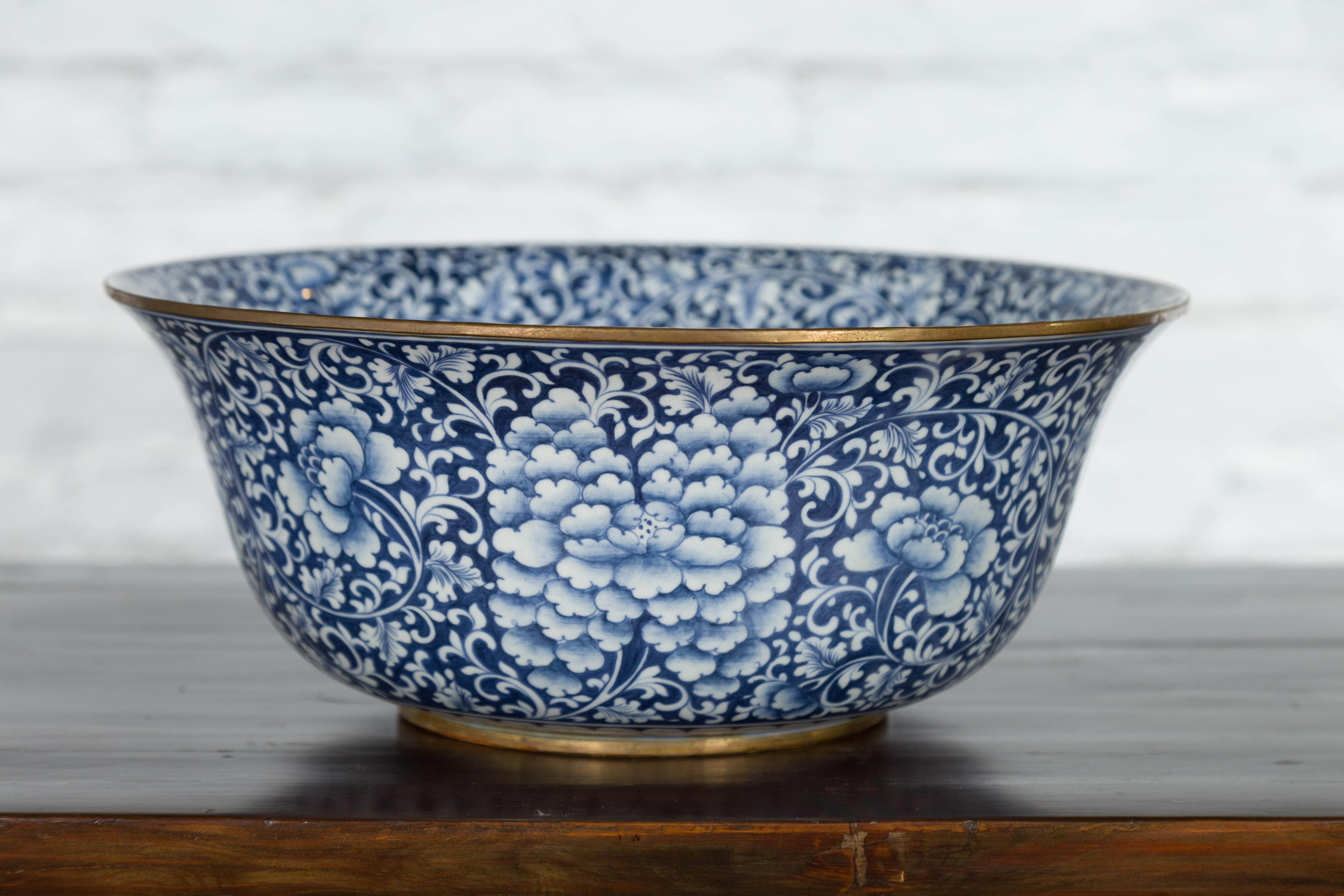 Large Thai Hand-Painted Blue and White Porcelain Bowl with Floral Motifs 13