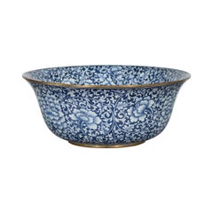 Large Thai Hand-Painted Blue and White Porcelain Bowl with Floral Motifs