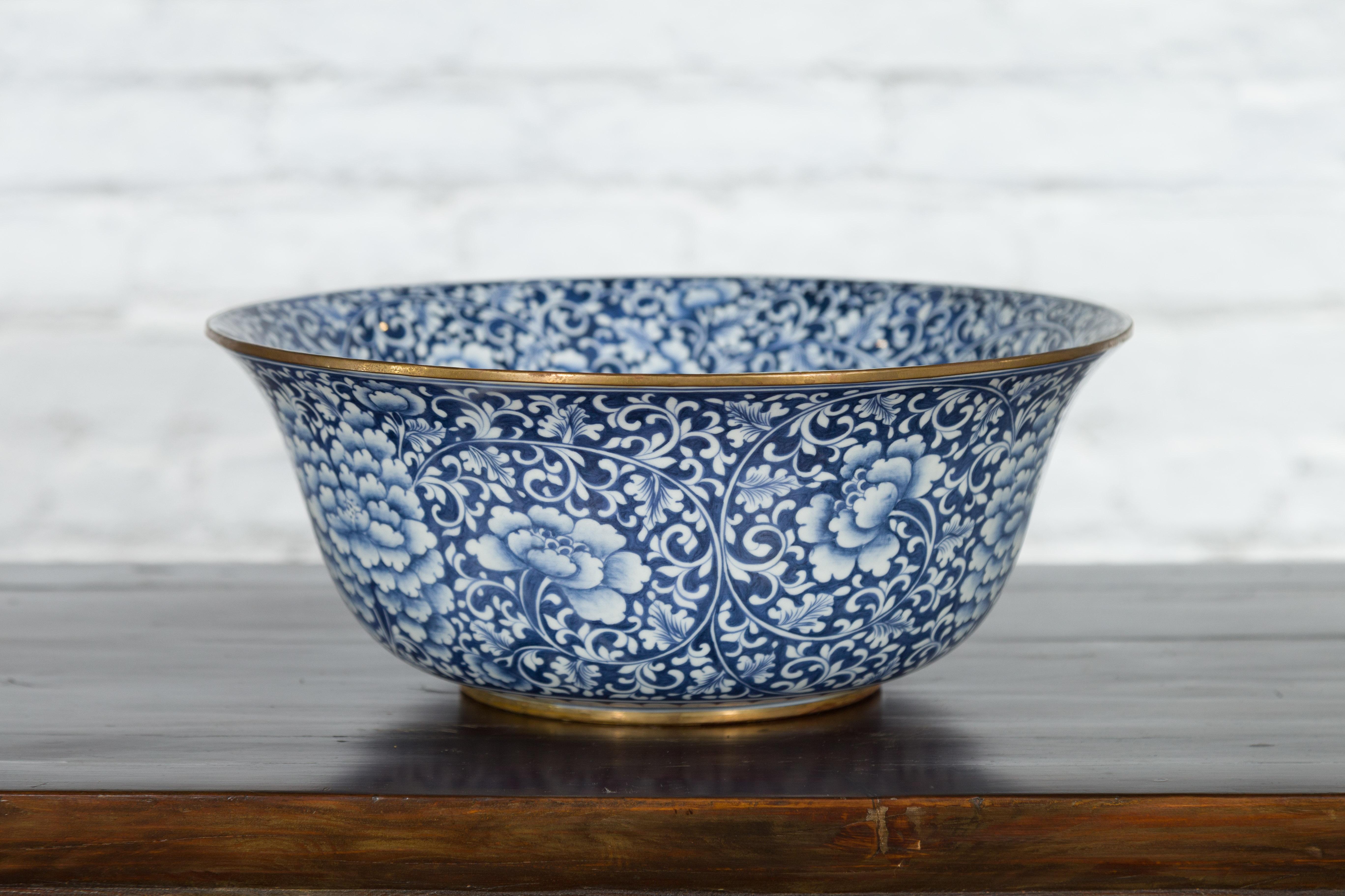 20th Century Large Thai Hand-Painted Blue and White Porcelain Bowl with Floral Motifs