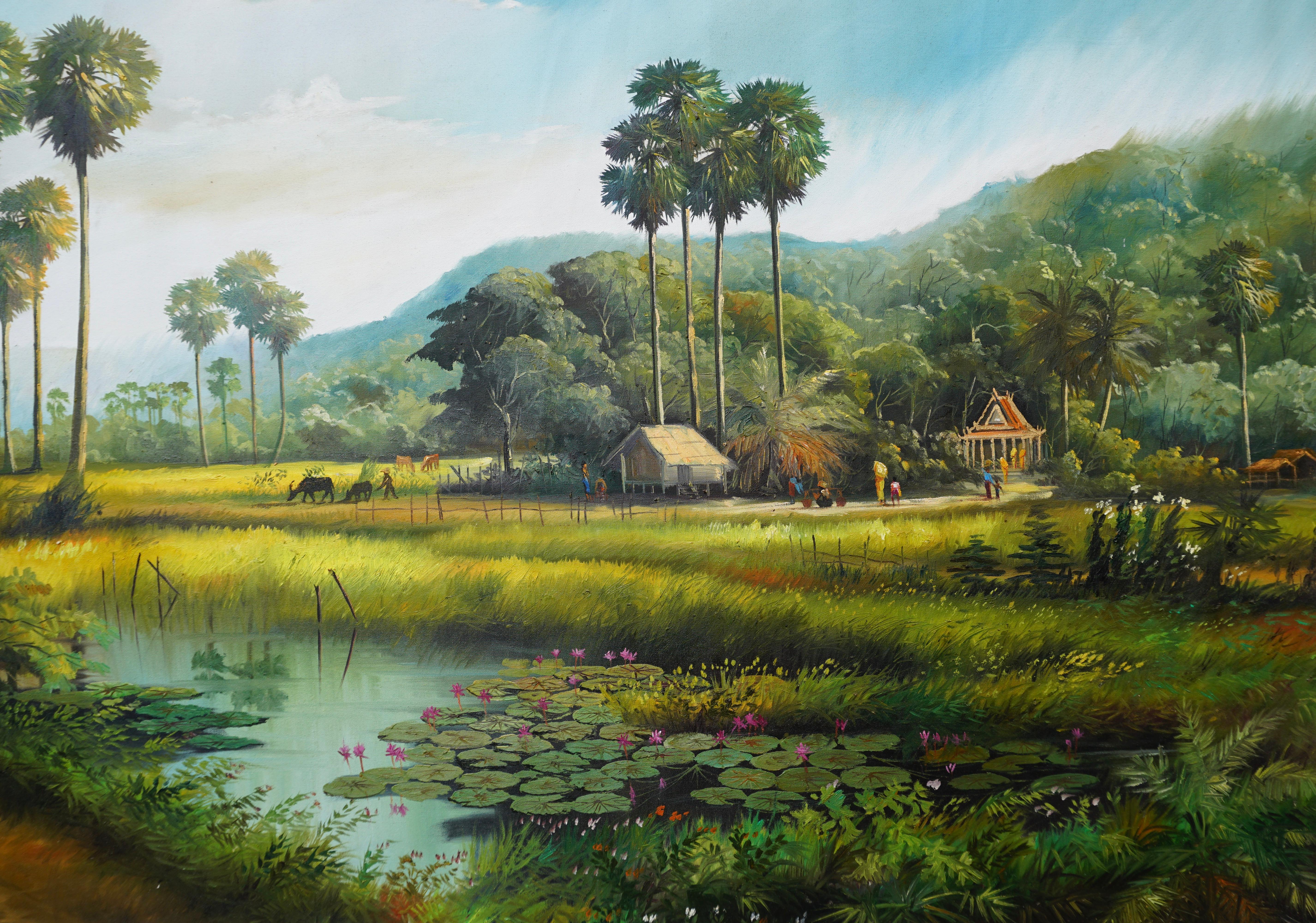 Set deep in the heart of the Asian countryside, this scene is reminiscent of the long-standing Oriental villages that existed in synchronicity with nature. The brilliant shades of brown and green evoke feelings of being at one with the Earth. Place