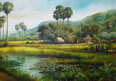 Large Thai Village and Landscape Painting by Cheat Sakda