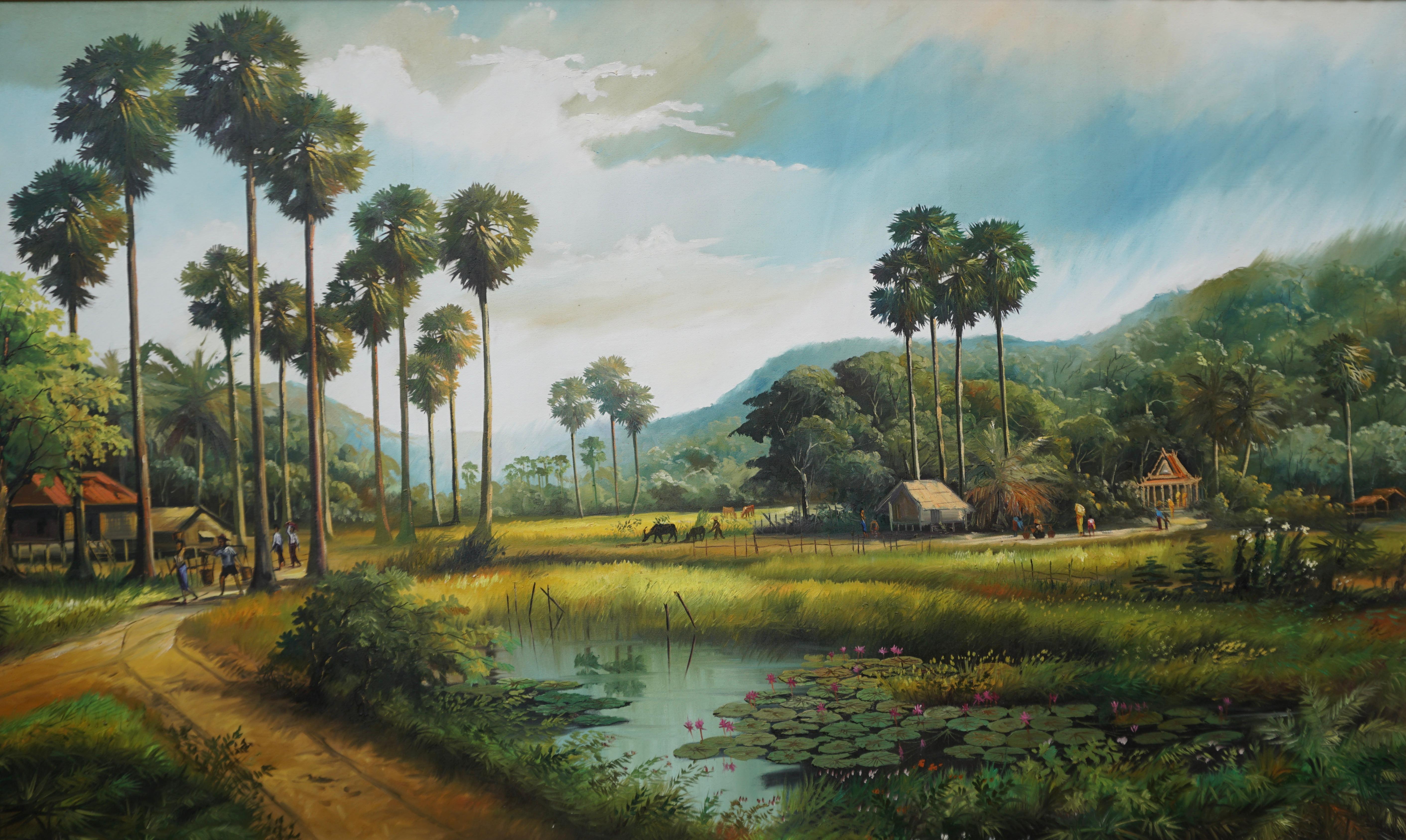 Romantique Grande peinture de village et de paysage thaïlandais par Cheat Sakda en vente