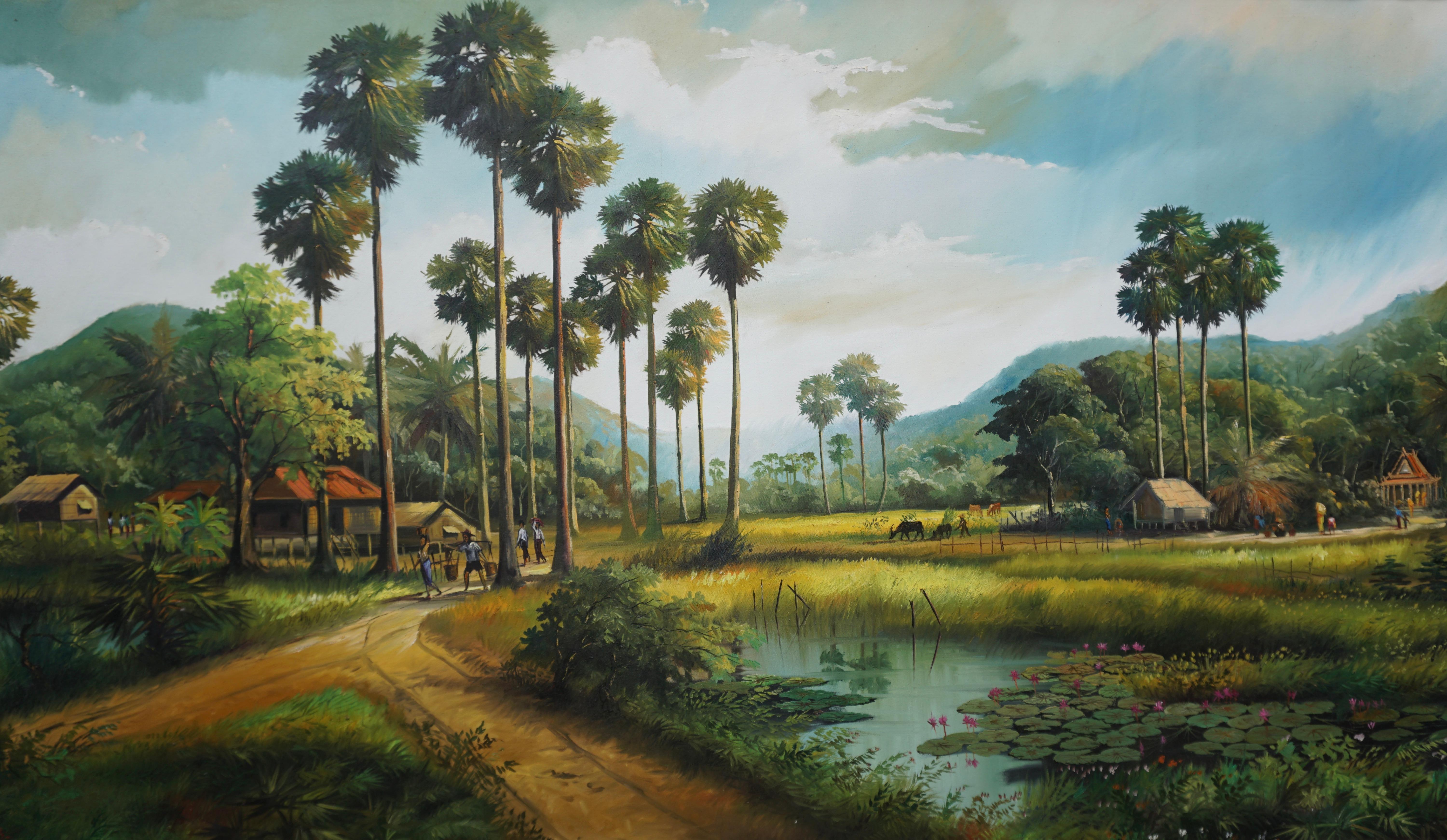 Thaïlandais Grande peinture de village et de paysage thaïlandais par Cheat Sakda en vente