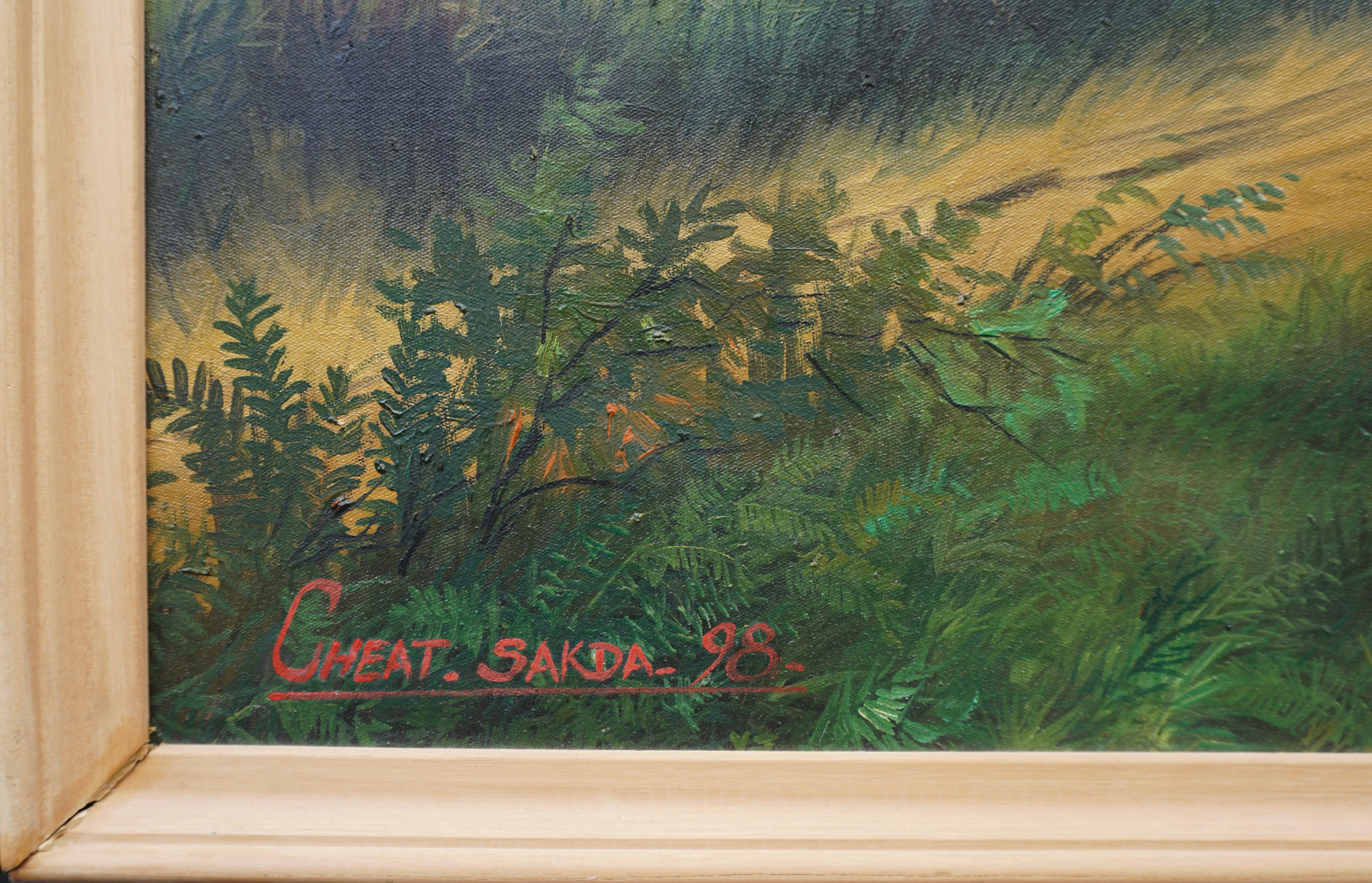 Grande peinture de village et de paysage thaïlandais par Cheat Sakda Bon état - En vente à Antwerp, BE