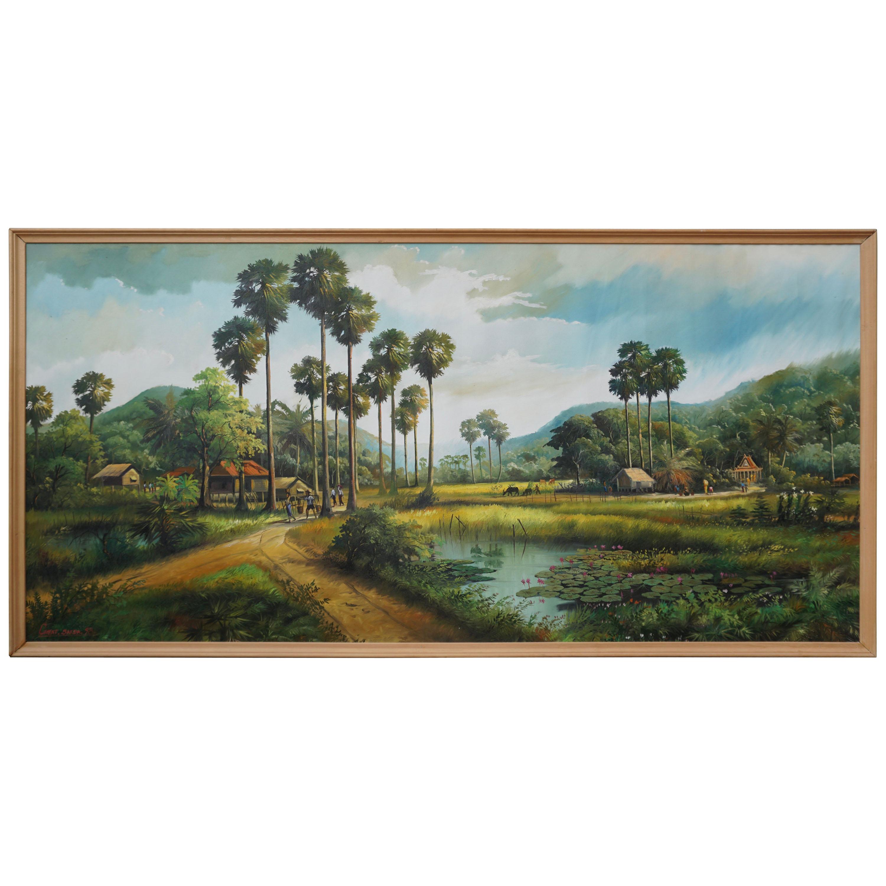 Grande peinture de village et de paysage thaïlandais par Cheat Sakda en vente