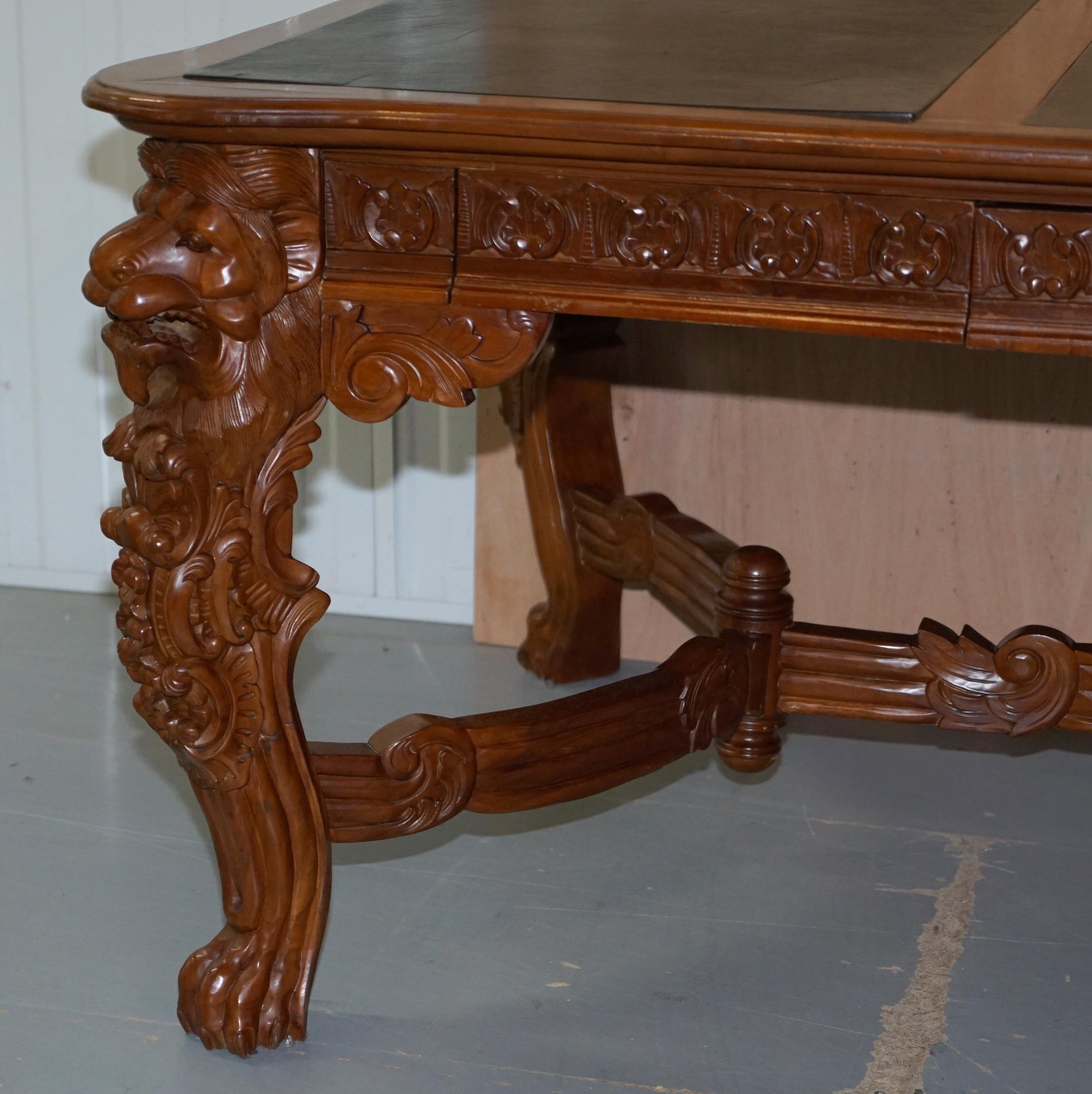 Mahogany Large the Lord Raffles Lion Writing Table Desk Three Drawers Carved Wood Dining