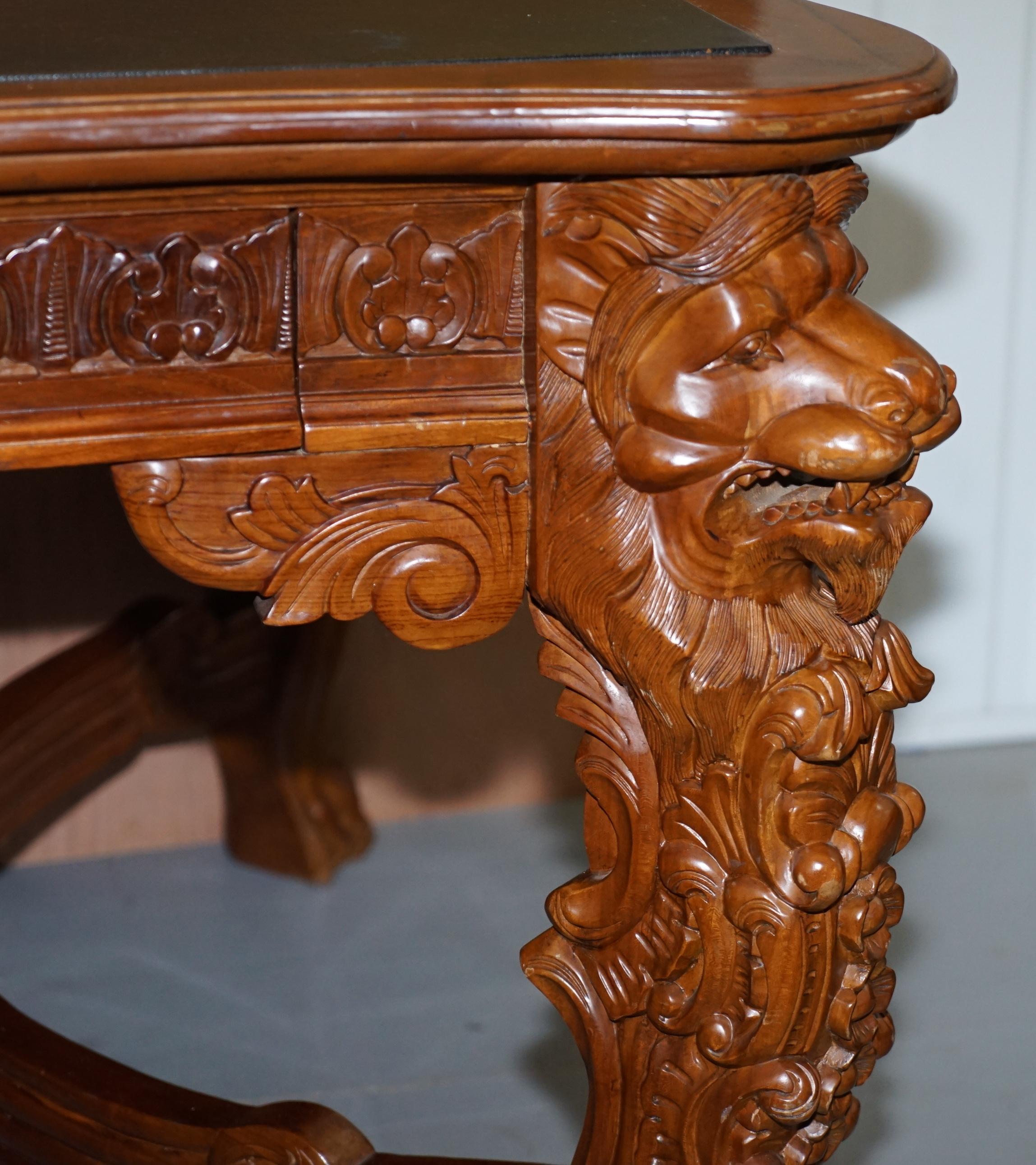 Large the Lord Raffles Lion Writing Table Desk Three Drawers Carved Wood Dining 1