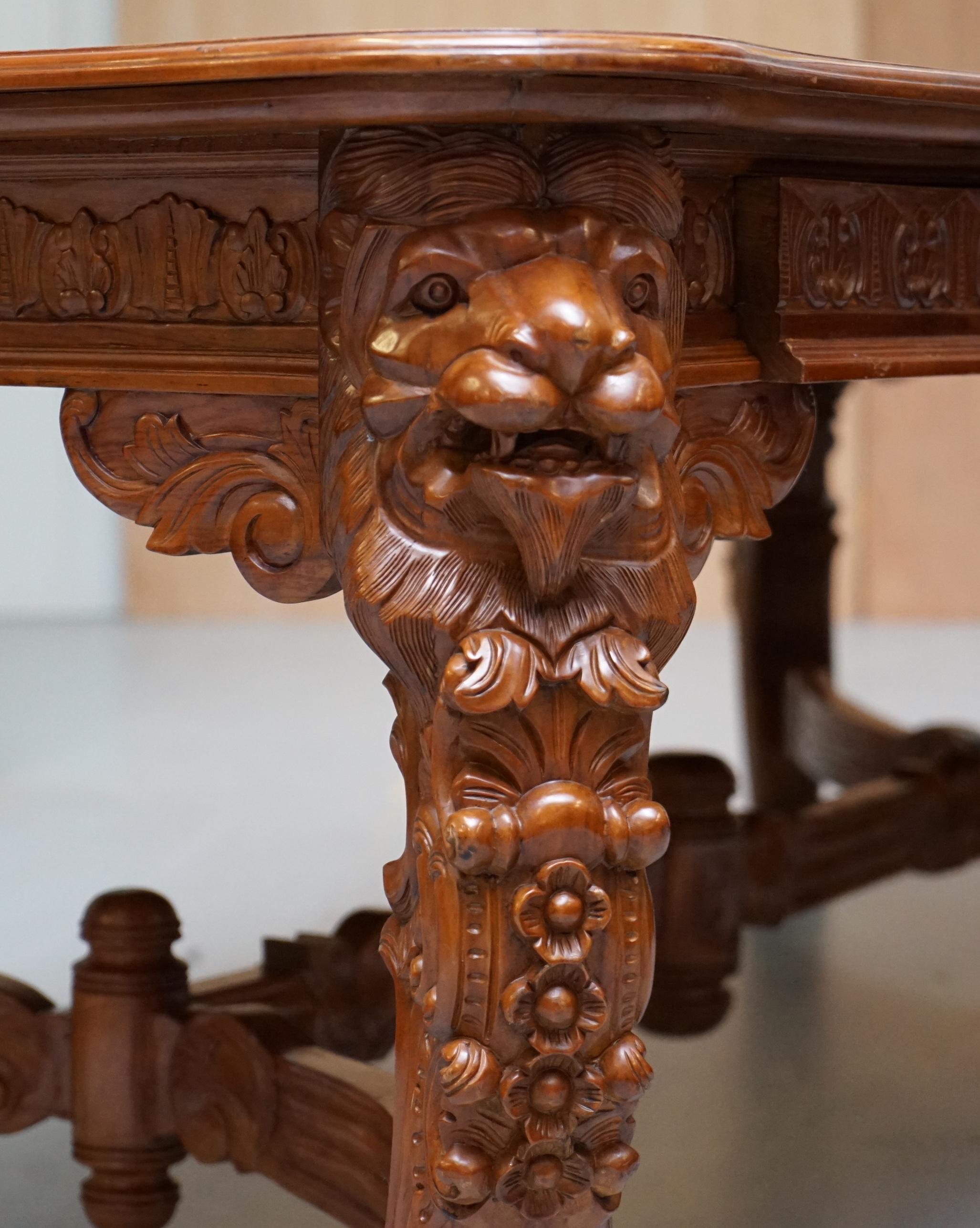 Large the Lord Raffles Lion Writing Table Desk Three Drawers Carved Wood Dining 9