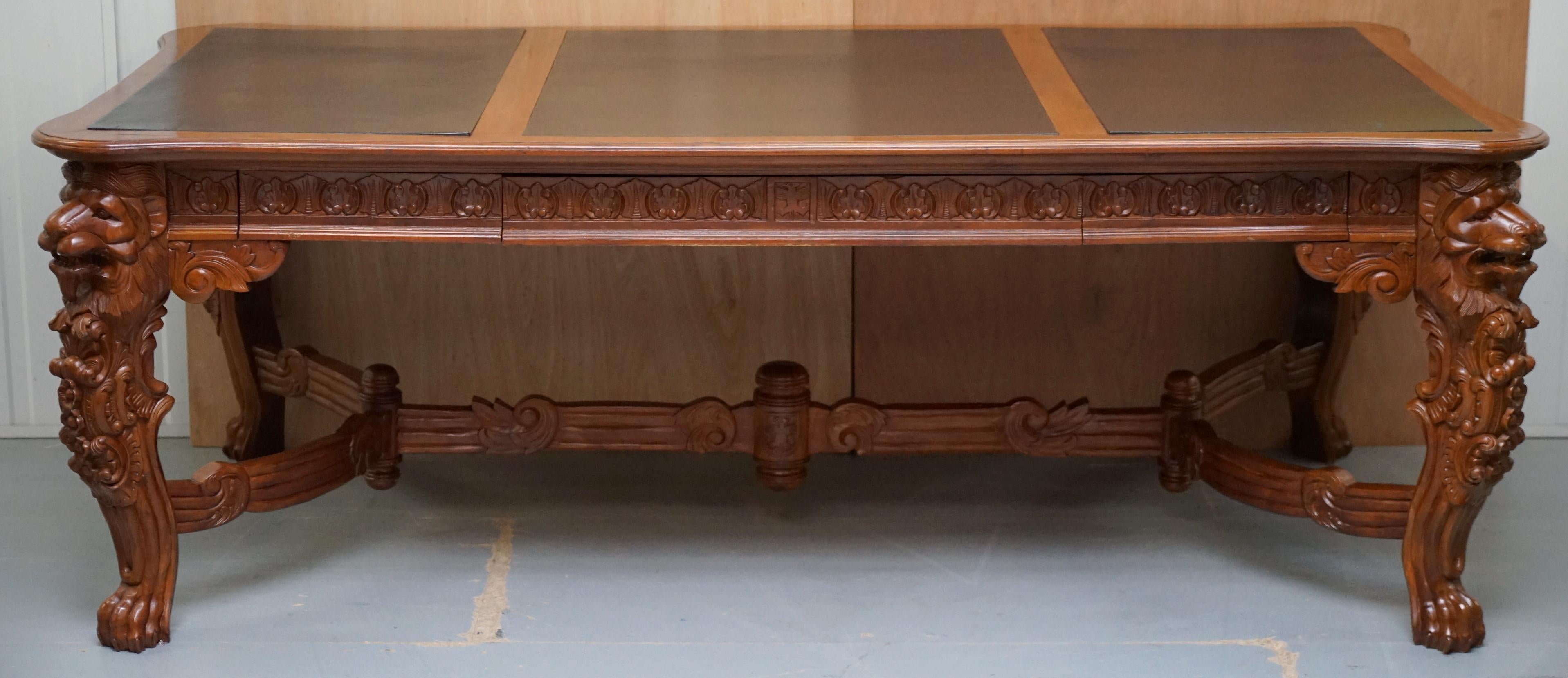 20th Century Large the Lord Raffles Lion Writing Table Desk Three Drawers Carved Wood Dining