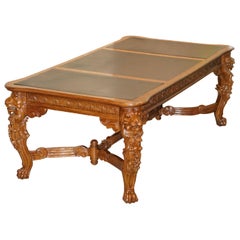 Large the Lord Raffles Lion Writing Table Desk Three Drawers Carved Wood Dining