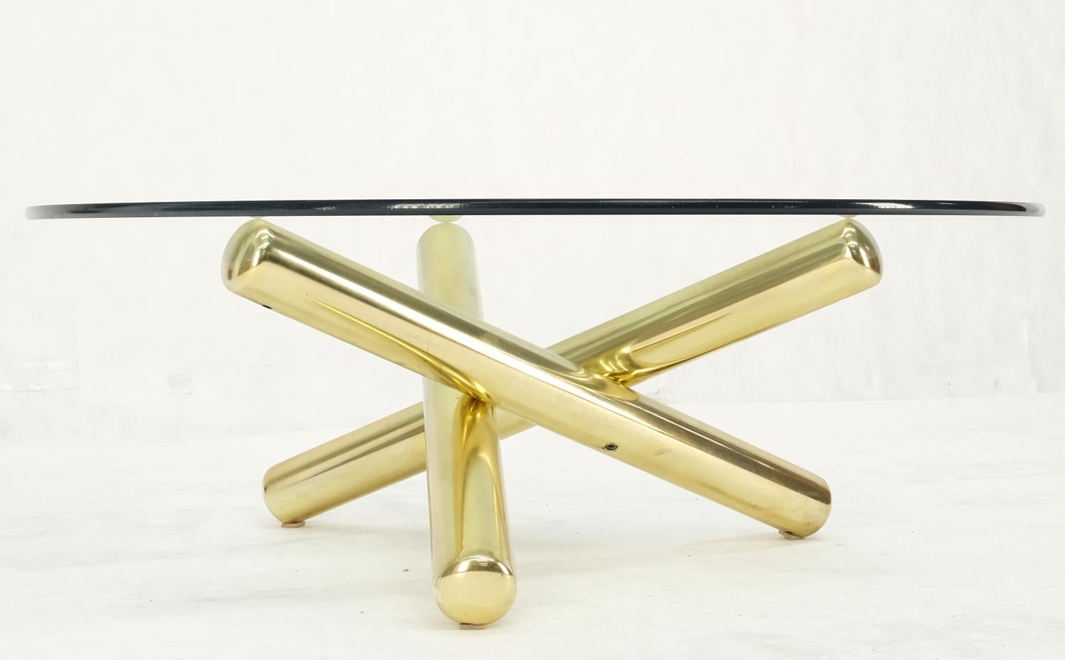 American Large Thick Brass Spikes to Form Jack Tripod Base Round Glass Top Coffee Table For Sale