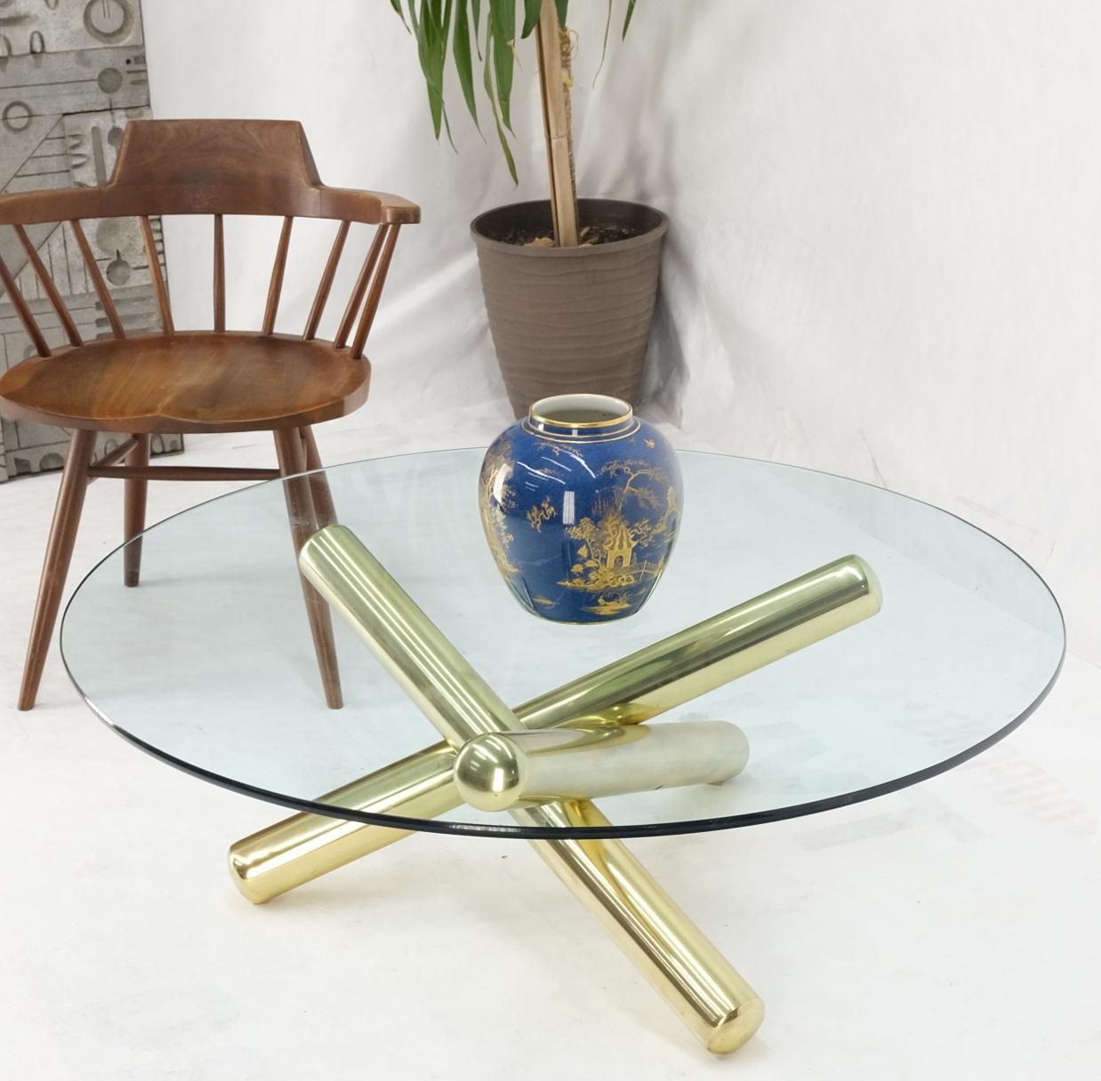 Large Thick Brass Spikes to Form Jack Tripod Base Round Glass Top Coffee Table In Good Condition For Sale In Rockaway, NJ