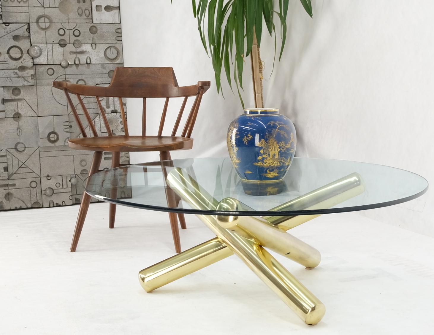 20th Century Large Thick Brass Spikes to Form Jack Tripod Base Round Glass Top Coffee Table For Sale