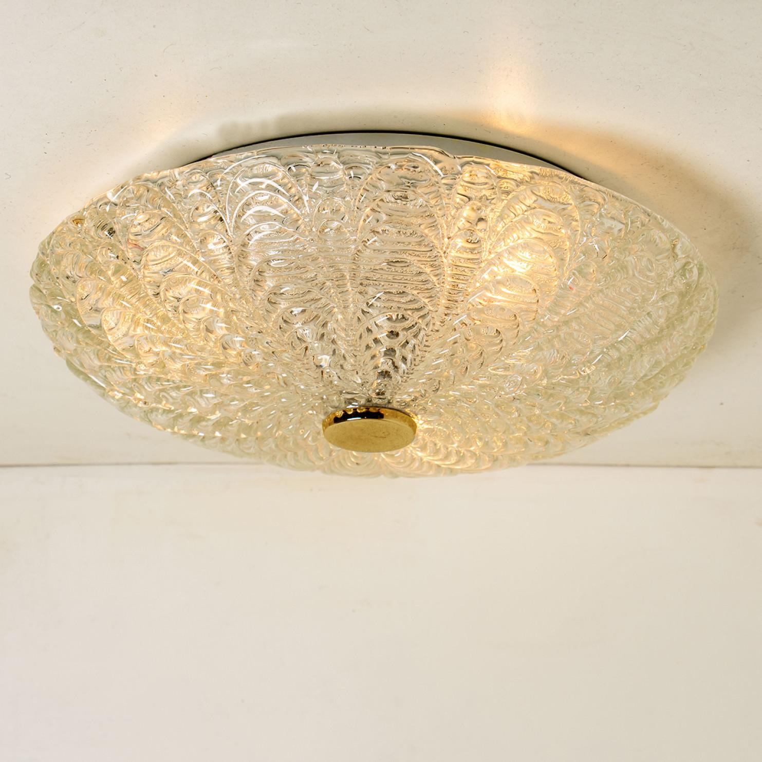 Large Thick Massive Handmade Glass Brass Flush Mount or Wall Light, 1960 For Sale 5