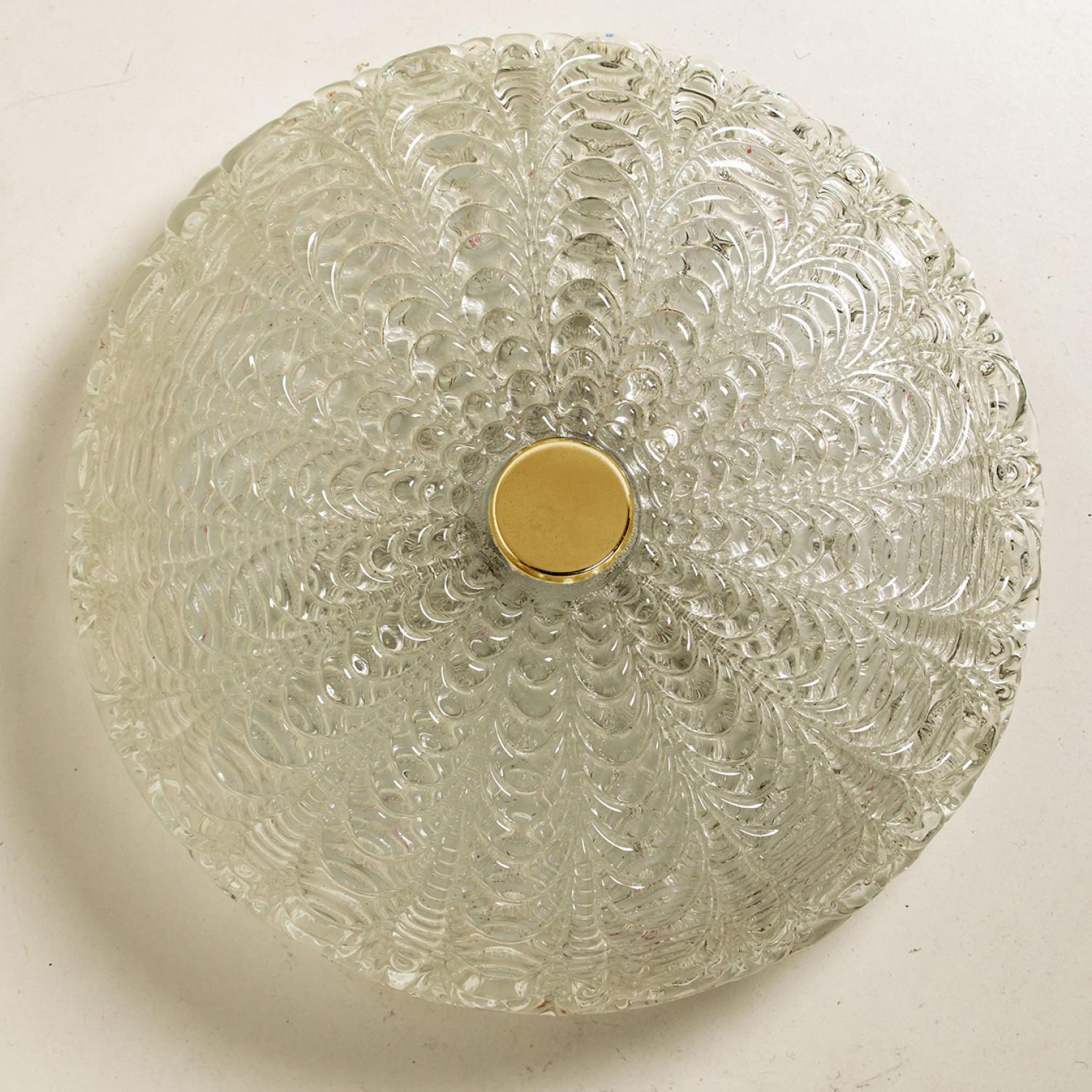 German Large Thick Massive Handmade Glass Brass Flush Mount or Wall Light, 1960 For Sale