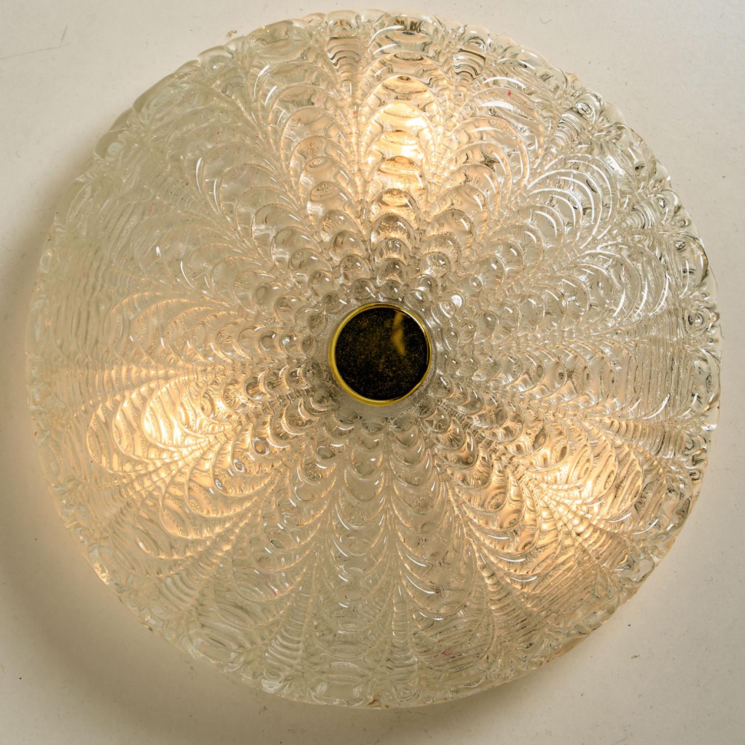 Large Thick Massive Handmade Glass Brass Flush Mount or Wall Light, 1960 In Distressed Condition For Sale In Rijssen, NL