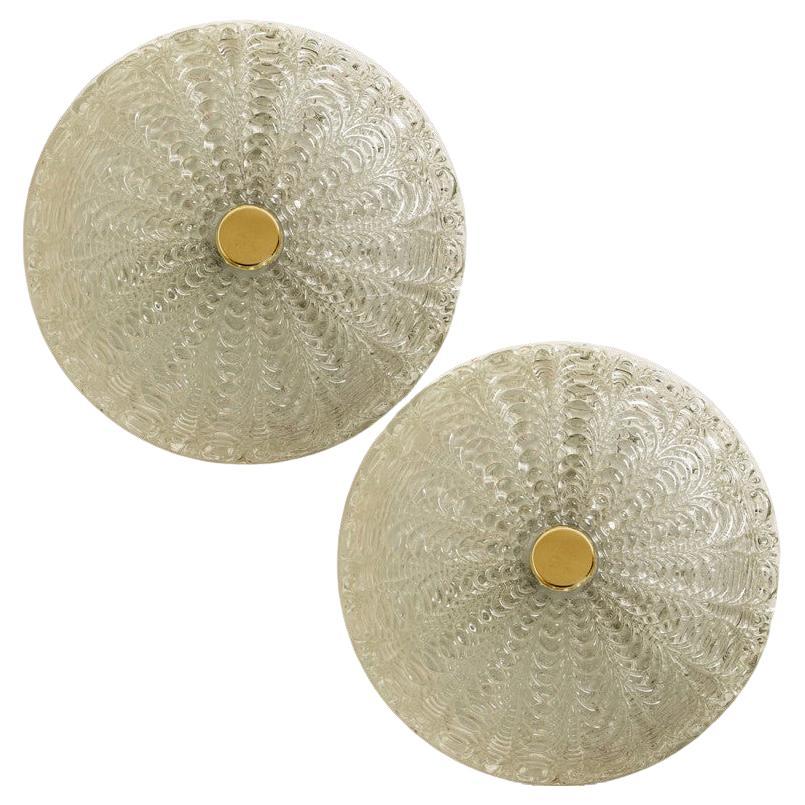 Large Thick Massive Handmade Glass Brass Flush Mount or Wall Light