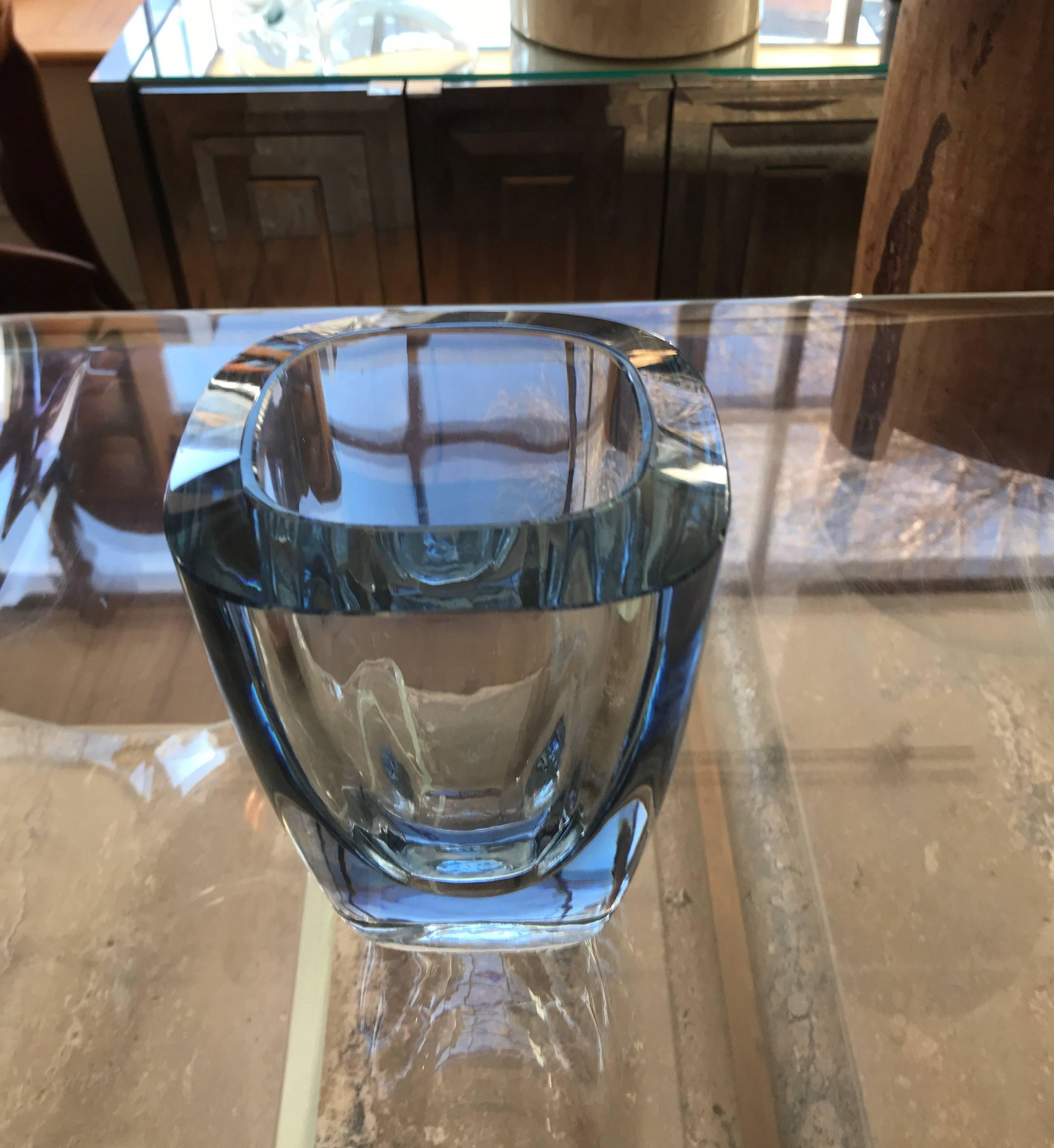 A heavy blown large thick oval Strombergshyttan glass Orrefors style vase. The vase is in the Srombergshyttan iconic silver blue glass.
Etched to the bottom 