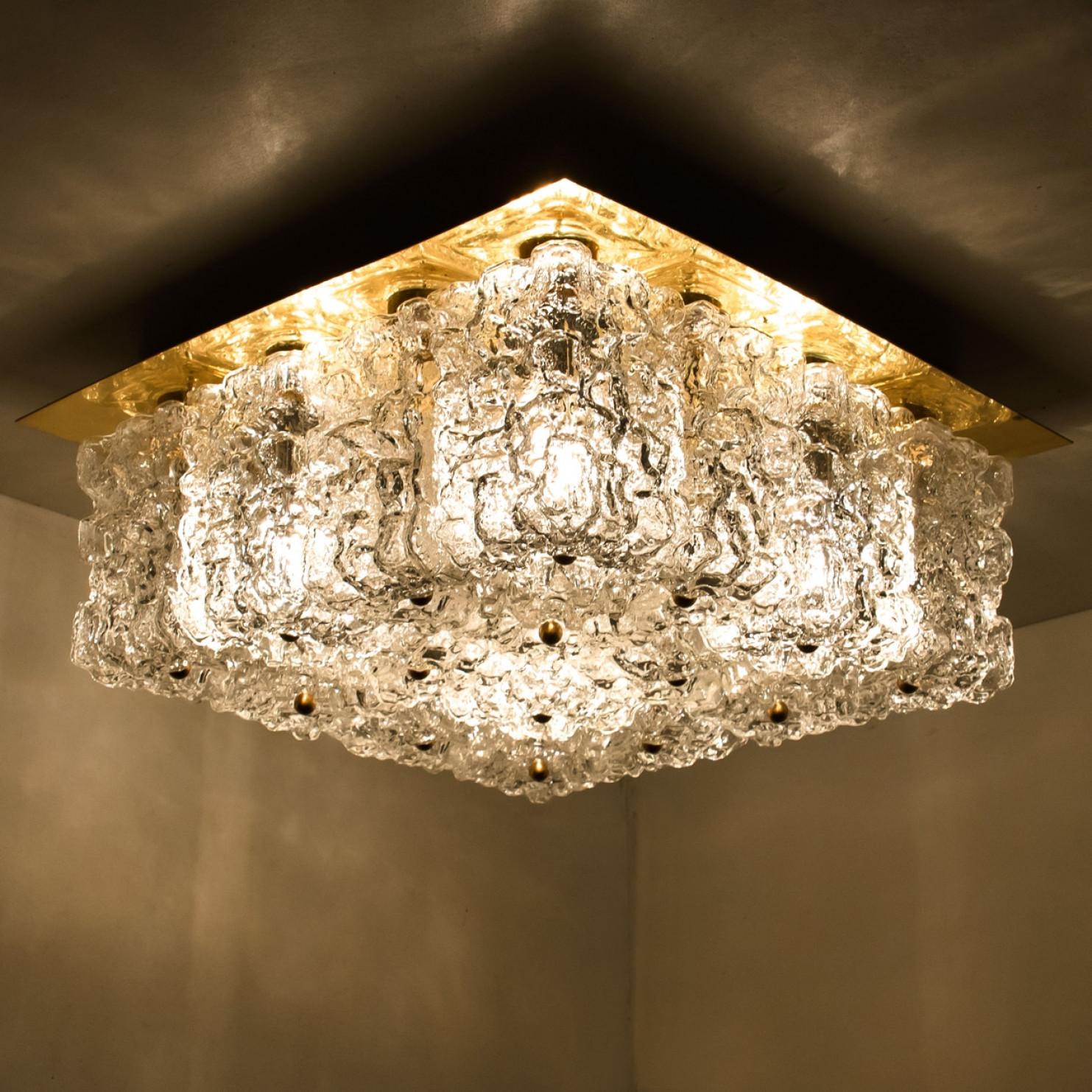 Large Thick Textured Glass Flush Mount Ceiling Light by Kaiser, 1960s For Sale 11