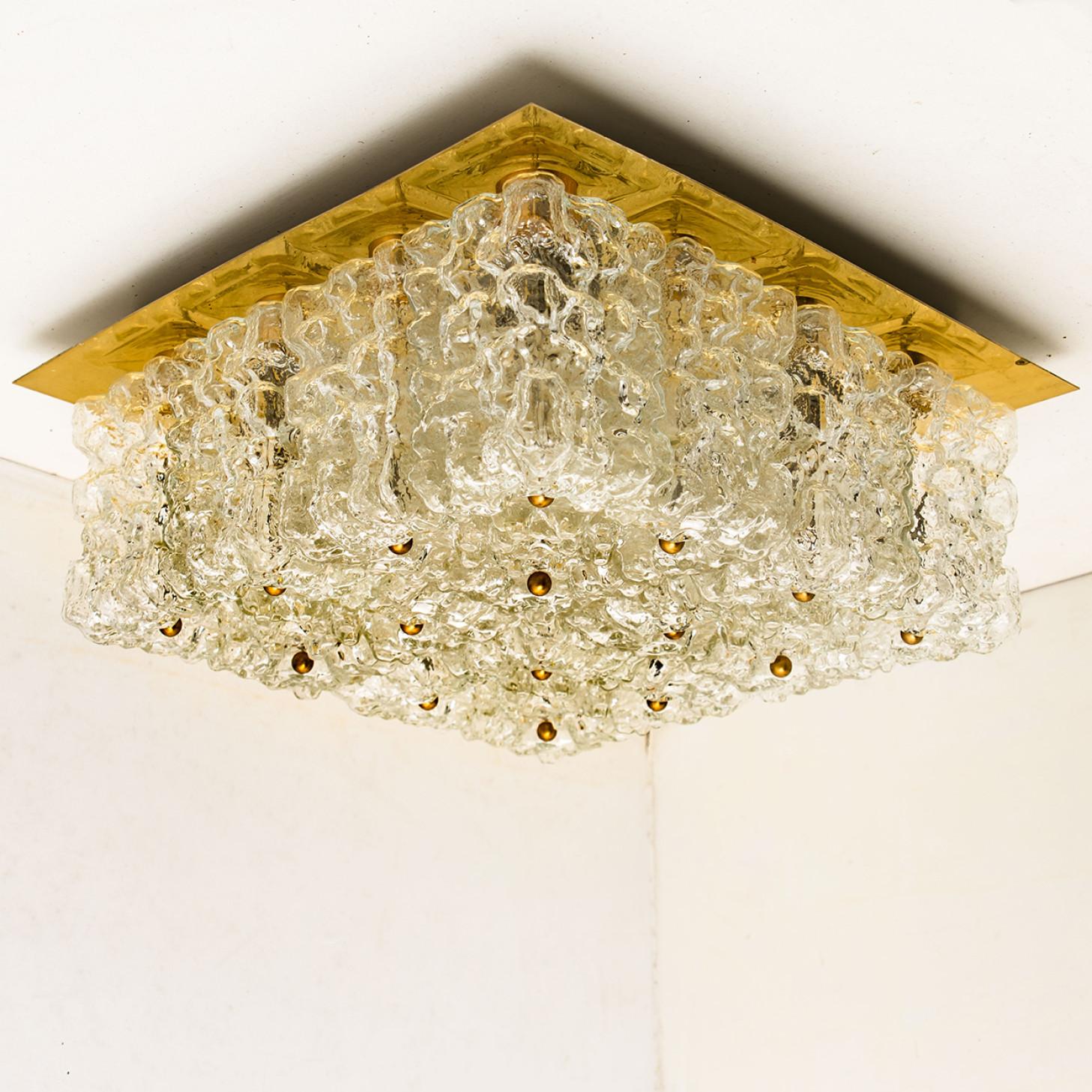 German Large Thick Textured Glass Flush Mount Ceiling Light by Kaiser, 1960s For Sale
