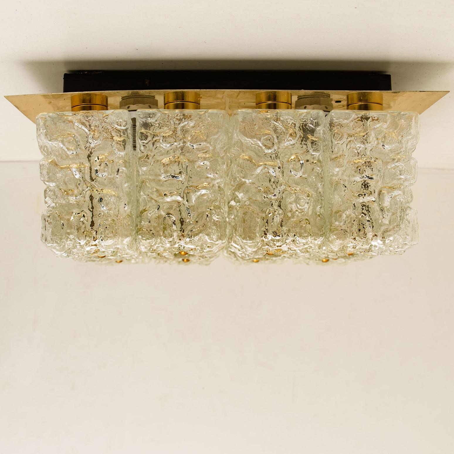 Brass Large Thick Textured Glass Flush Mount Ceiling Light by Kaiser, 1960s For Sale