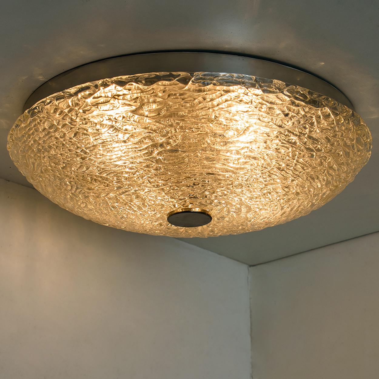 Mid-Century Modern Large Thick Textured Glass Flush Mount Ceiling Lights, Germany, 1960s For Sale