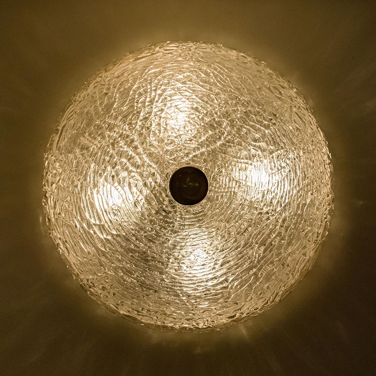 European Large Thick Textured Glass Flush Mount Ceiling Lights, Germany, 1960s For Sale