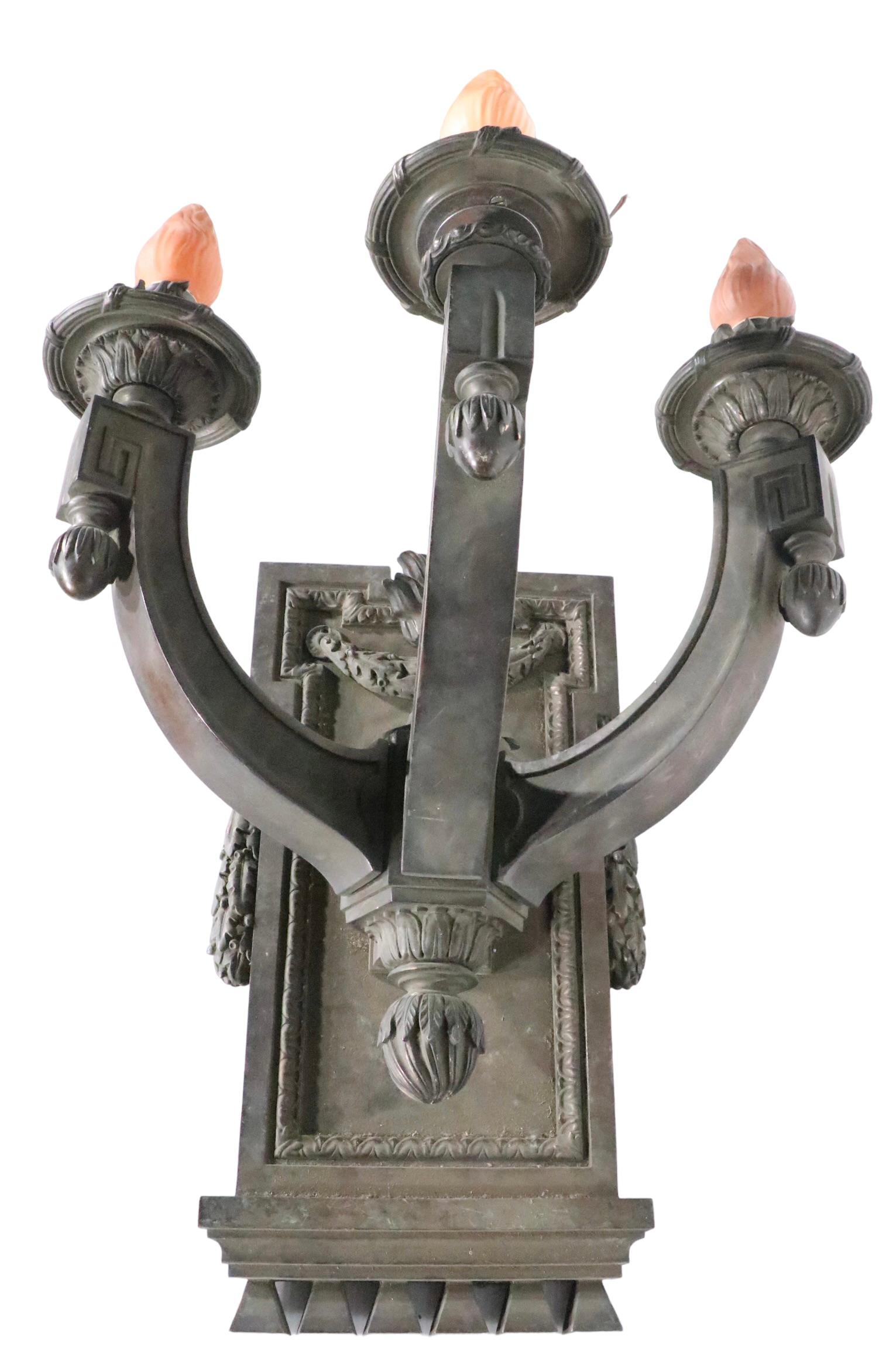 Large Three Arm Neoclassical Cast Brass or Bronze Wall Sconce, circa 1920/1930s For Sale 5