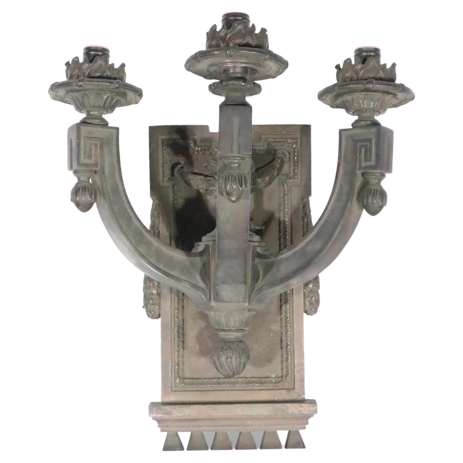 Large Three Arm Neoclassical Cast Brass or Bronze Wall Sconce, circa 1920/1930s For Sale