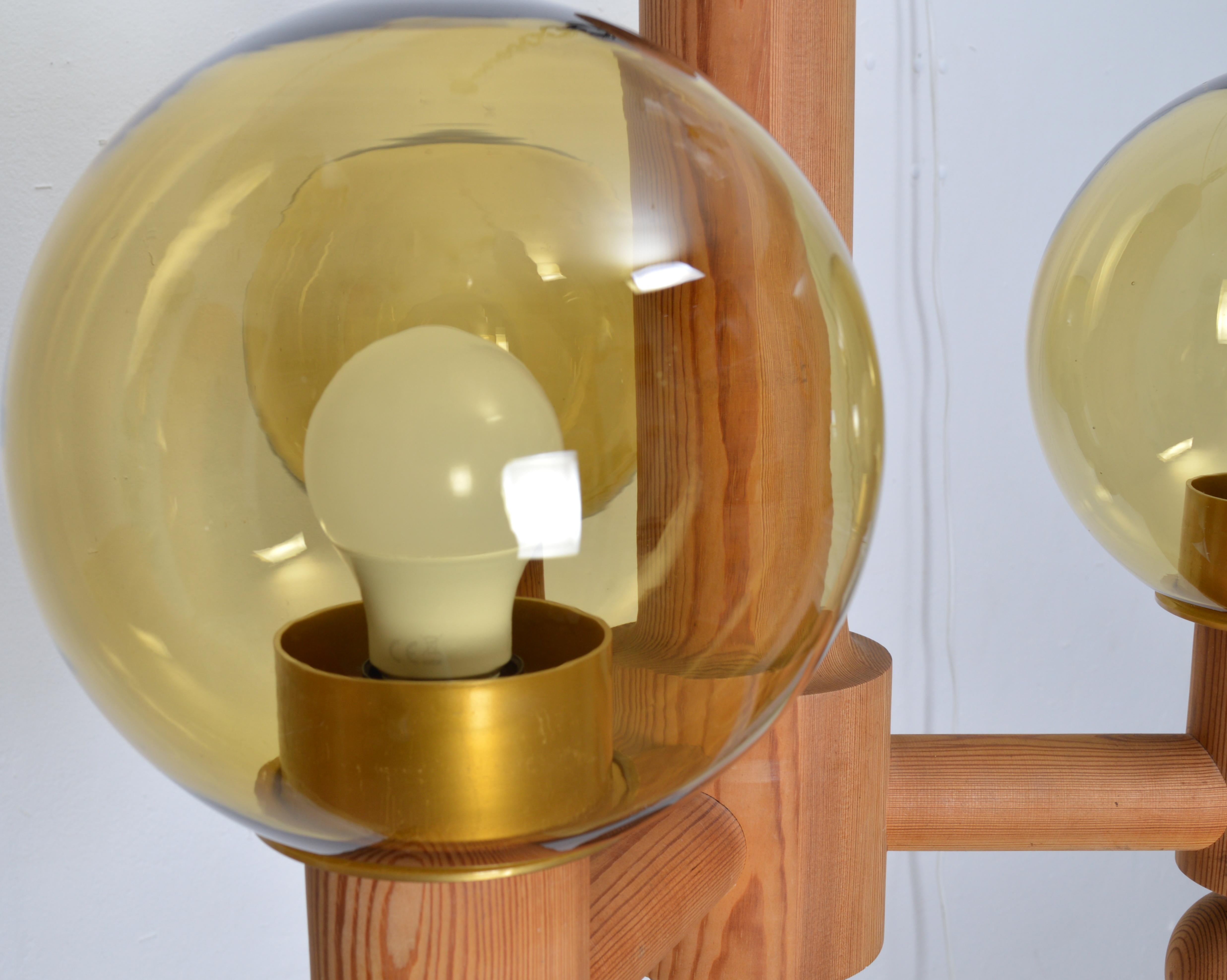Large Three Arm Solid Pine Chandelier with Glass Globes by Luxus Sweden, 1960s For Sale 4