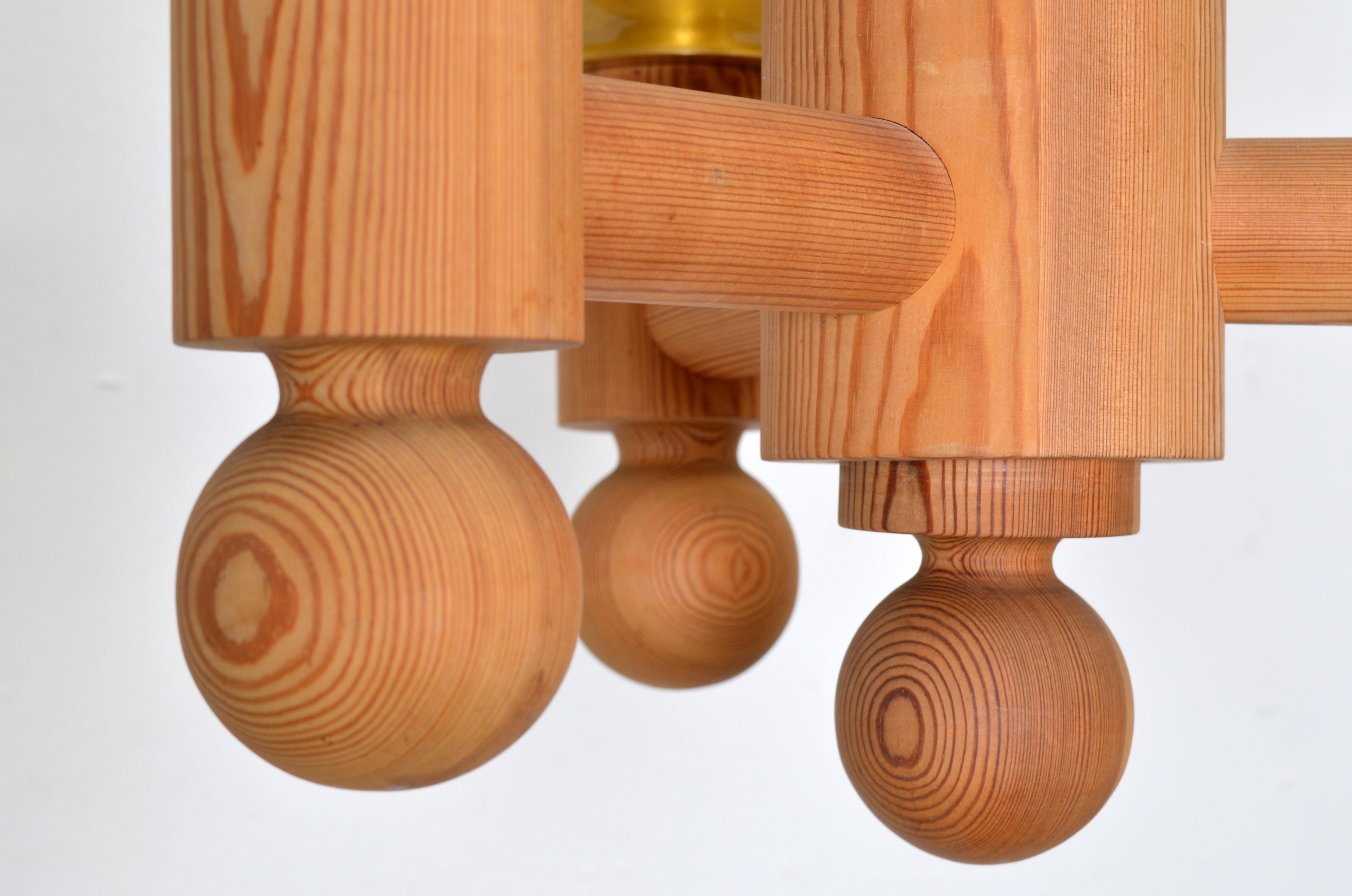 Large Three Arm Solid Pine Chandelier with Glass Globes by Luxus Sweden, 1960s For Sale 5