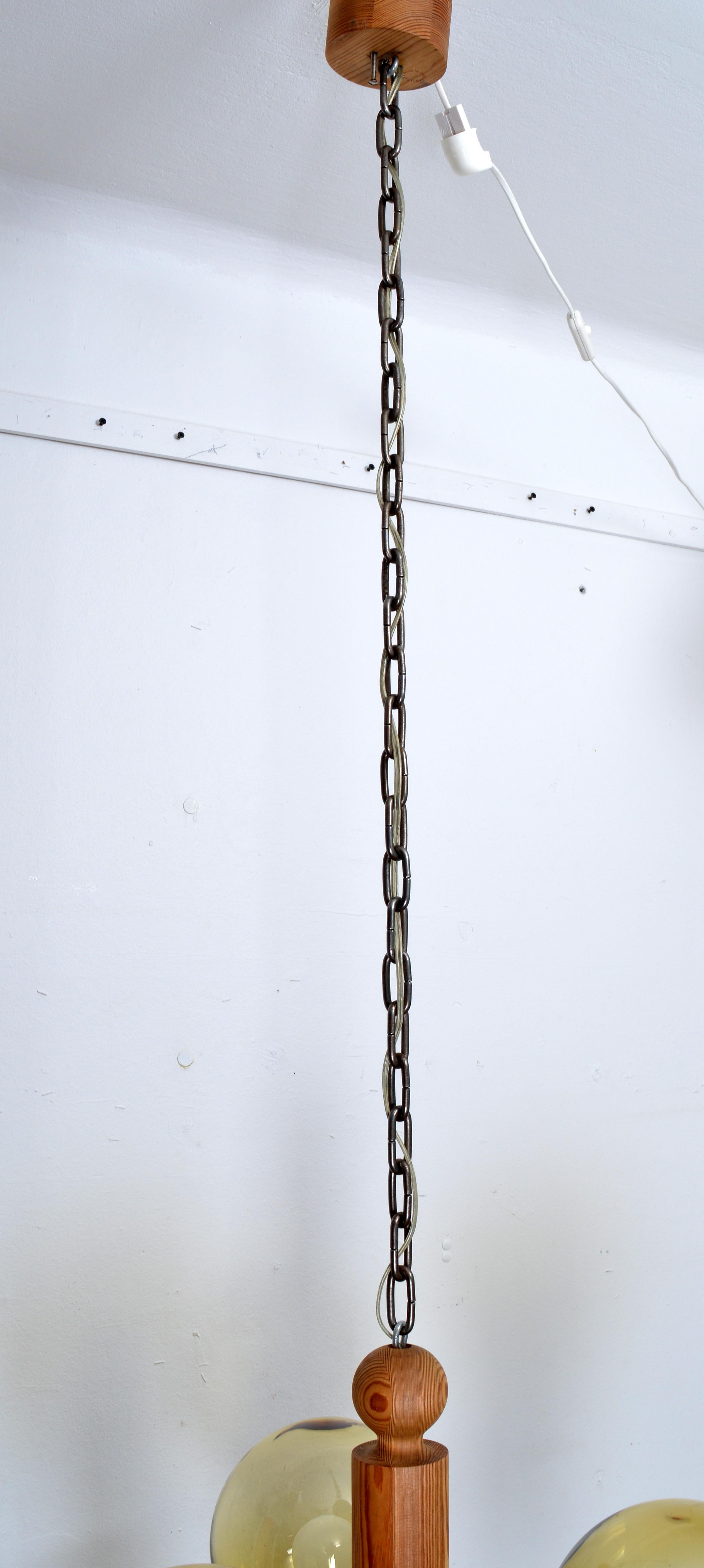 Large Three Arm Solid Pine Chandelier with Glass Globes by Luxus Sweden, 1960s For Sale 7