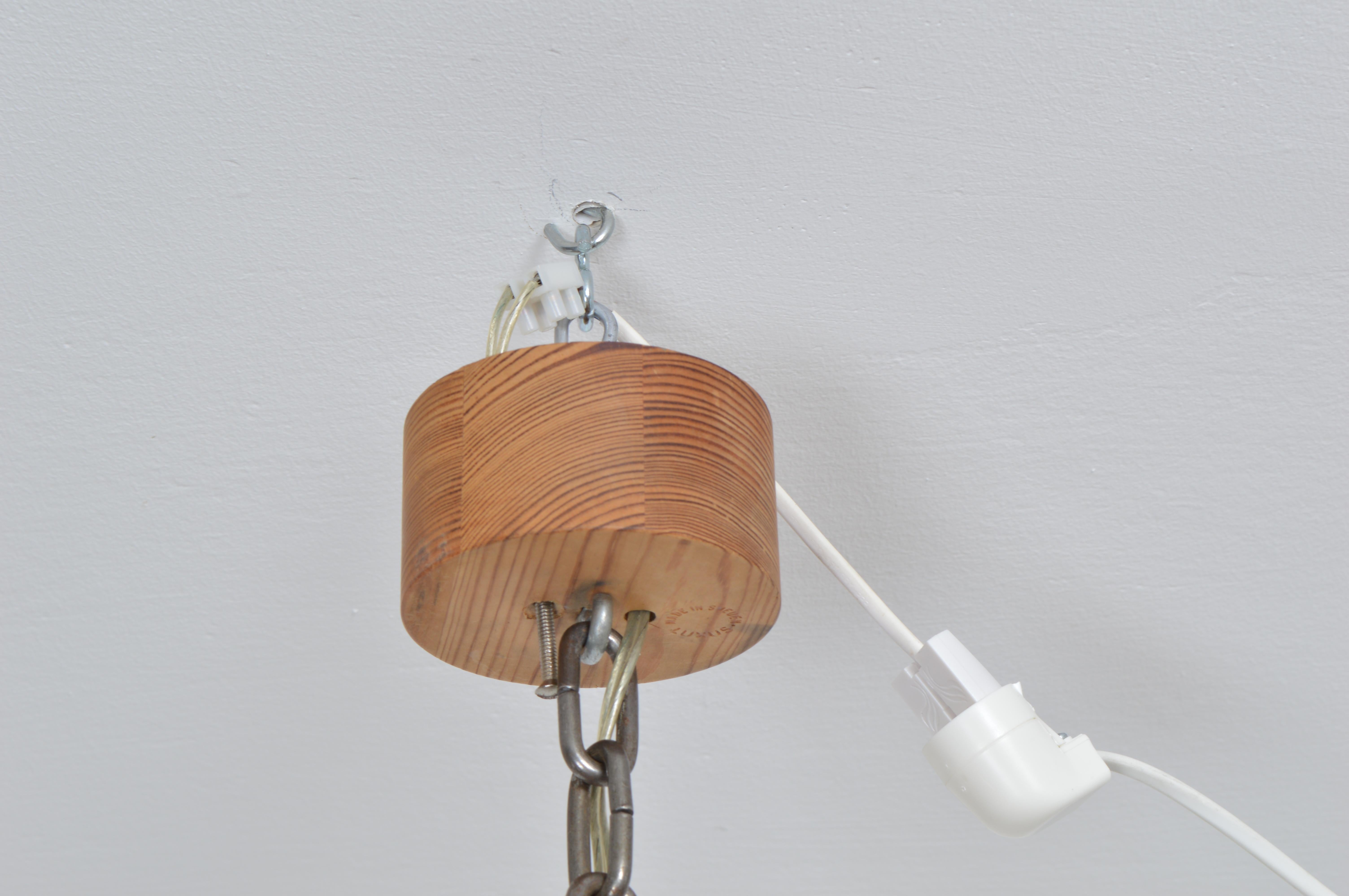 Large Three Arm Solid Pine Chandelier with Glass Globes by Luxus Sweden, 1960s For Sale 8