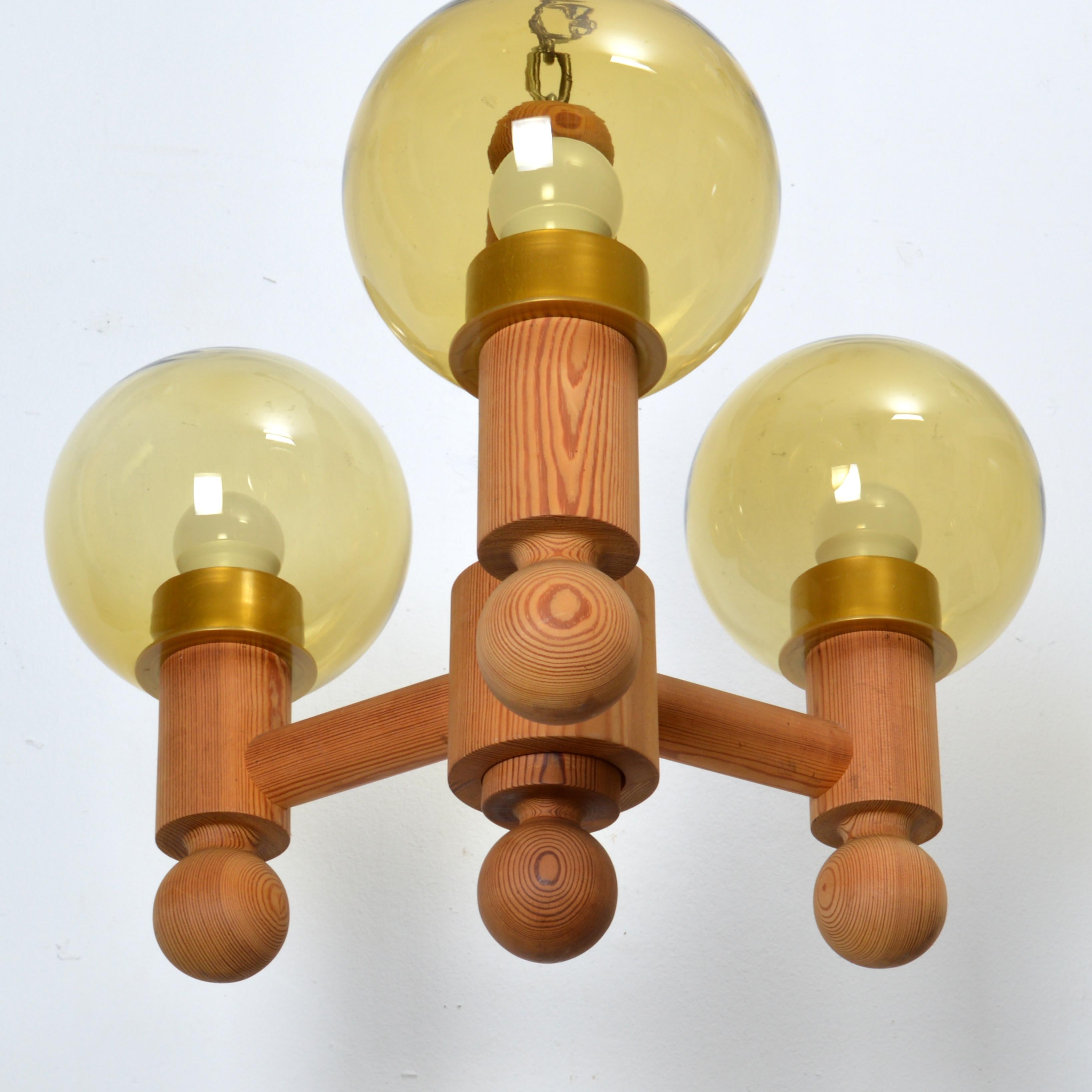 Mid-20th Century Large Three Arm Solid Pine Chandelier with Glass Globes by Luxus Sweden, 1960s For Sale