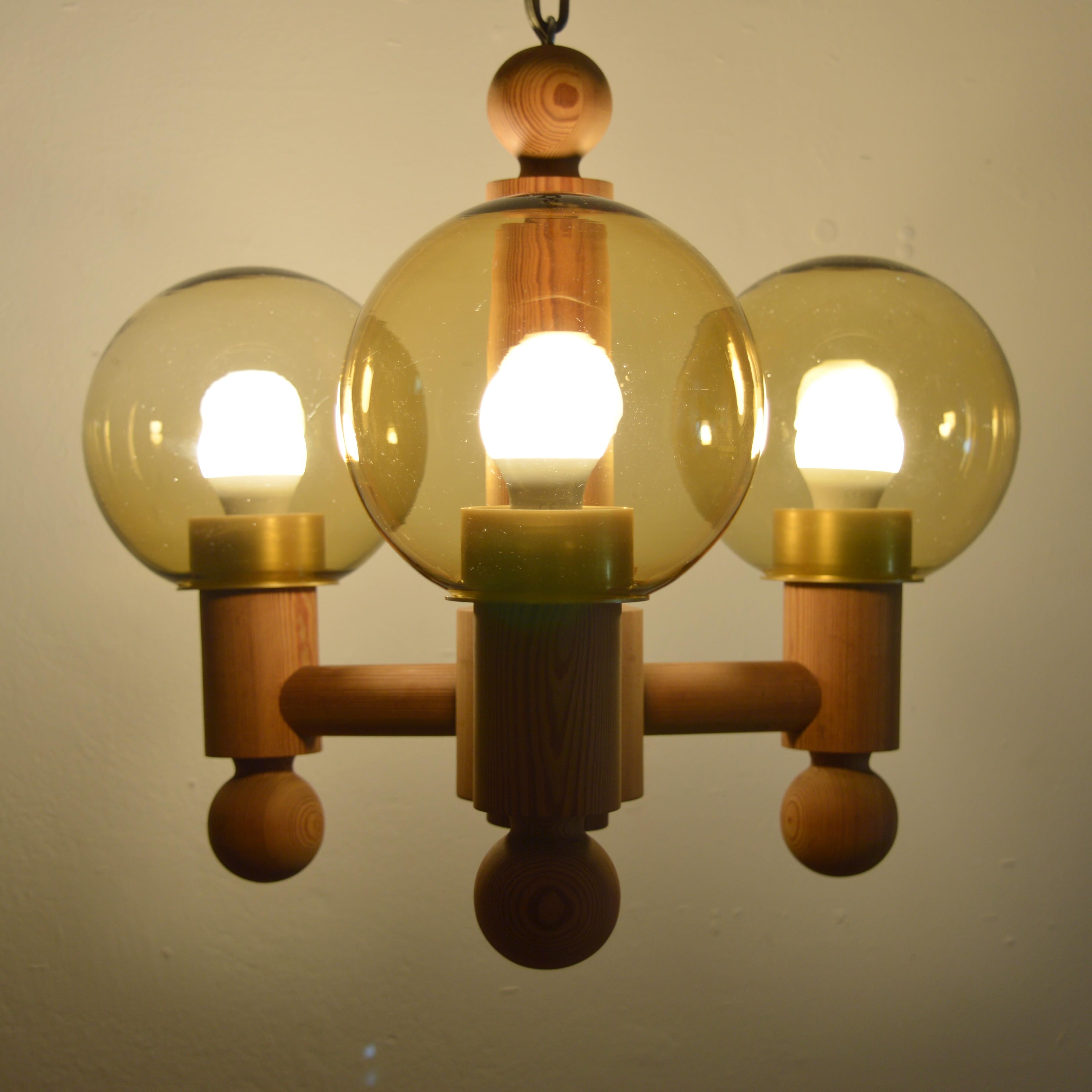 Large Three Arm Solid Pine Chandelier with Glass Globes by Luxus Sweden, 1960s For Sale 2