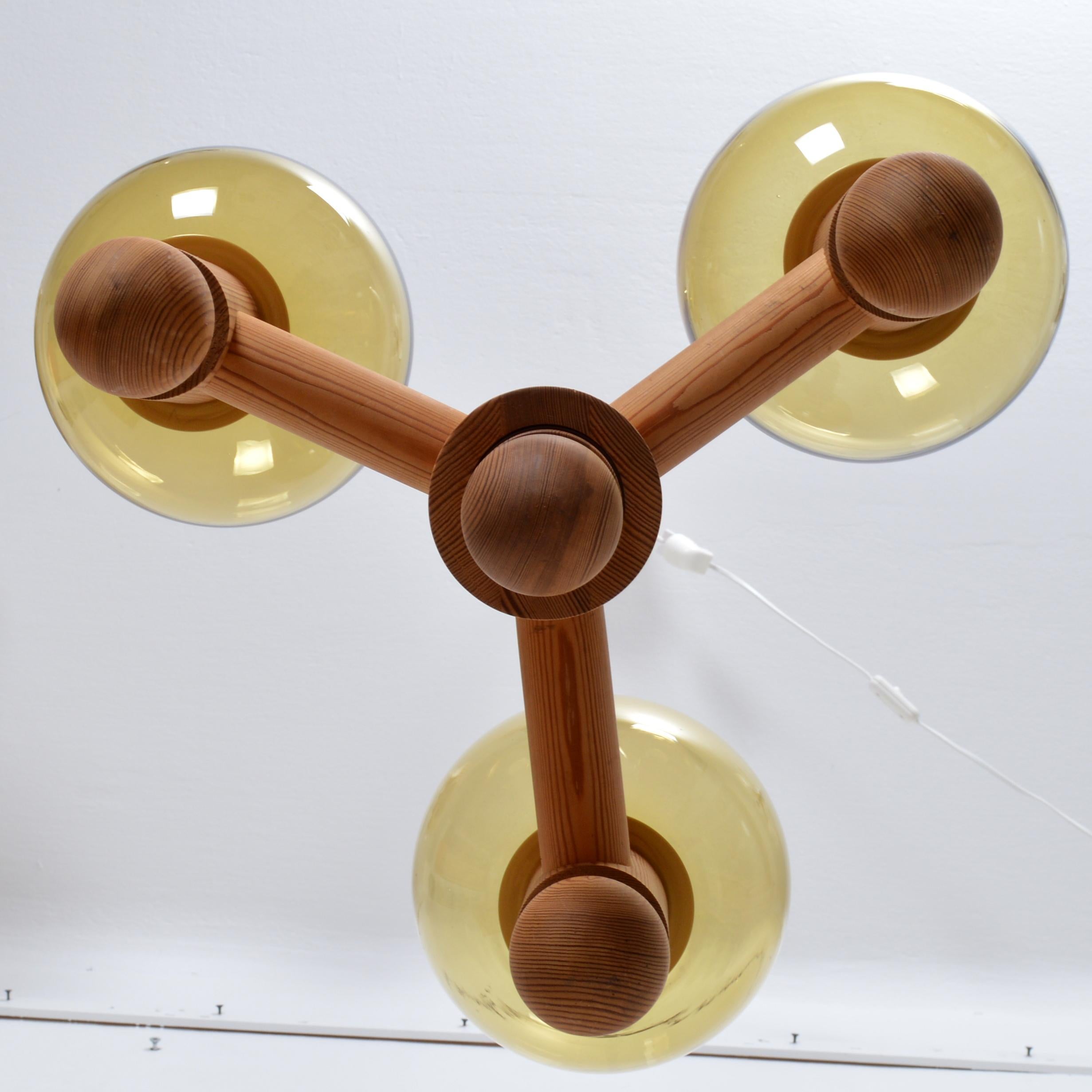 Large Three Arm Solid Pine Chandelier with Glass Globes by Luxus Sweden, 1960s For Sale 3