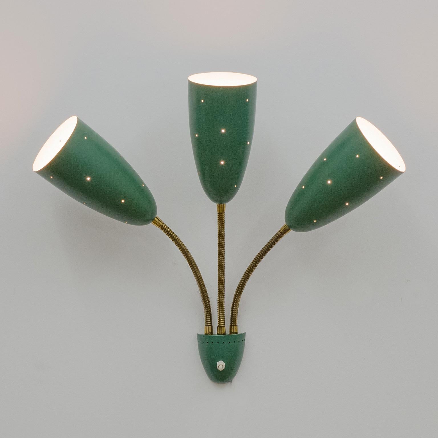 Large Three-Arm Wall Light with Pierced Green Cones, 1950s 2
