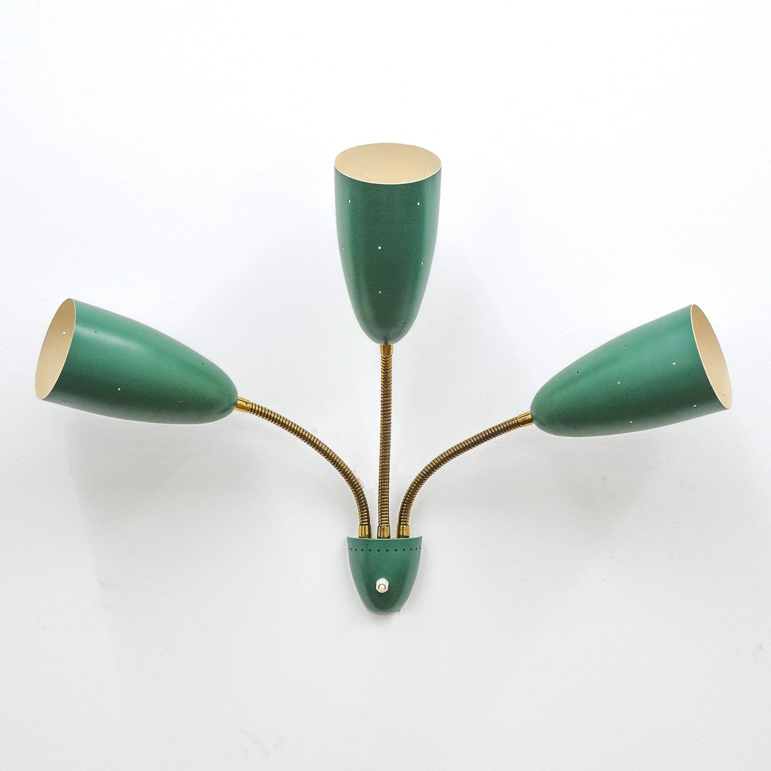 Large Three-Arm Wall Light with Pierced Green Cones, 1950s 3