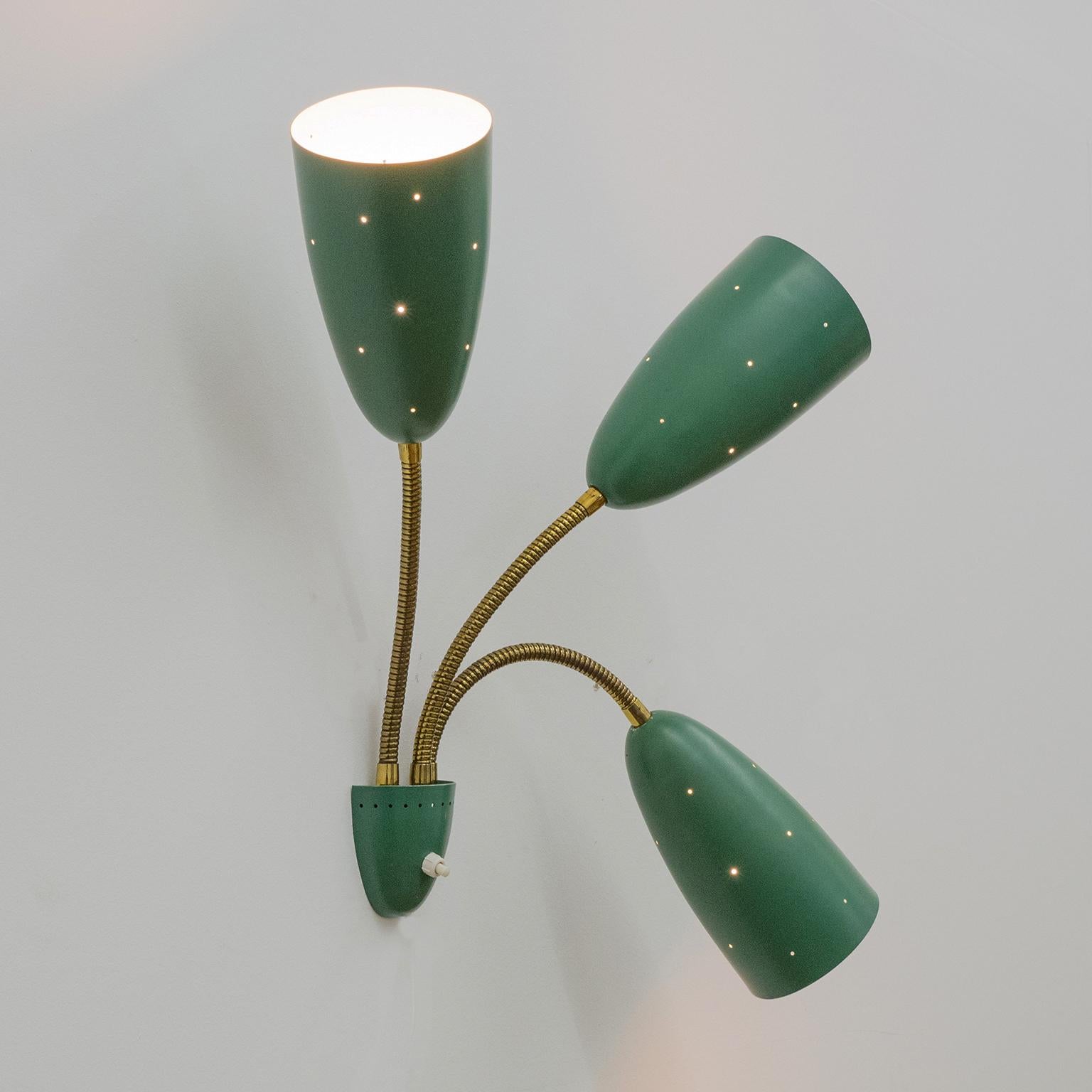 Mid-Century Modern Large Three-Arm Wall Light with Pierced Green Cones, 1950s
