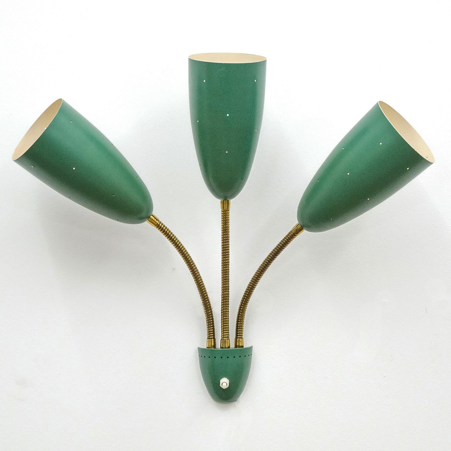 Large Three-Arm Wall Light with Pierced Green Cones, 1950s In Good Condition In Vienna, AT
