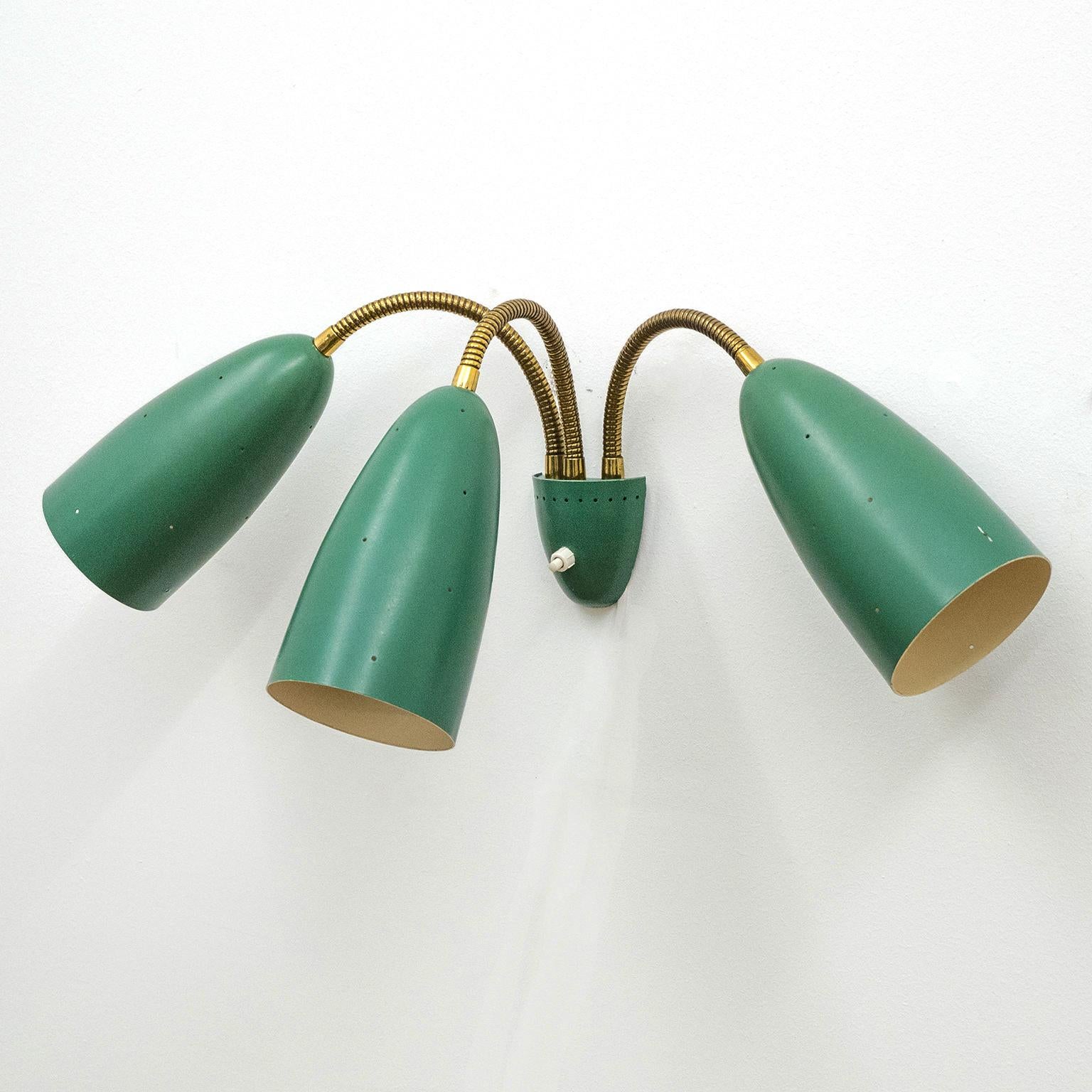 Mid-20th Century Large Three-Arm Wall Light with Pierced Green Cones, 1950s
