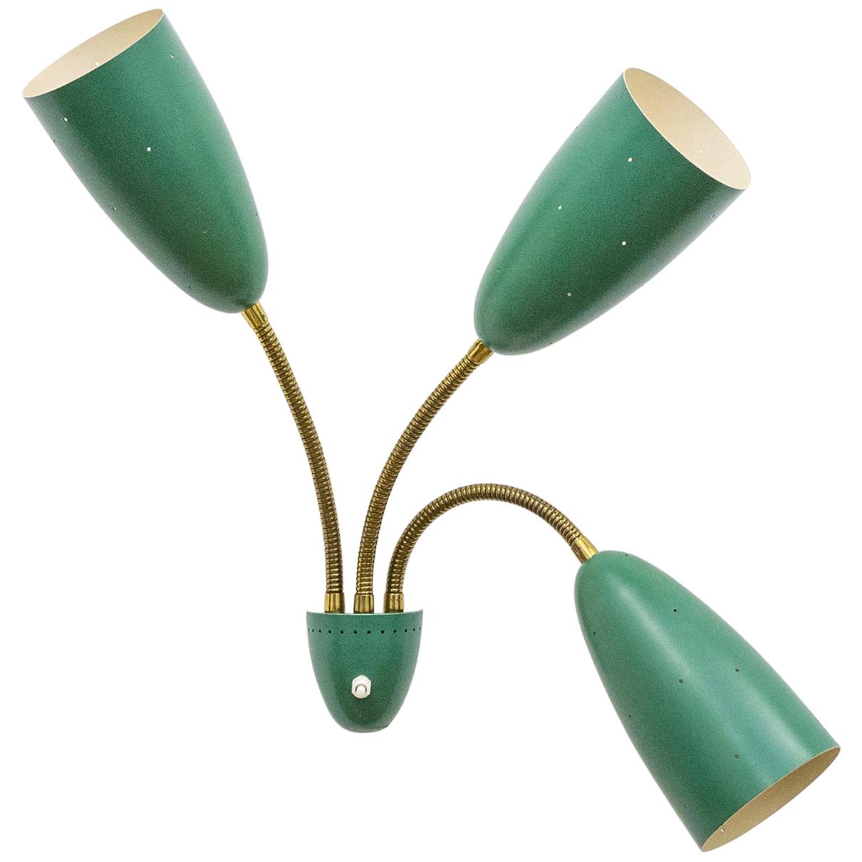 Large Three-Arm Wall Light with Pierced Green Cones, 1950s