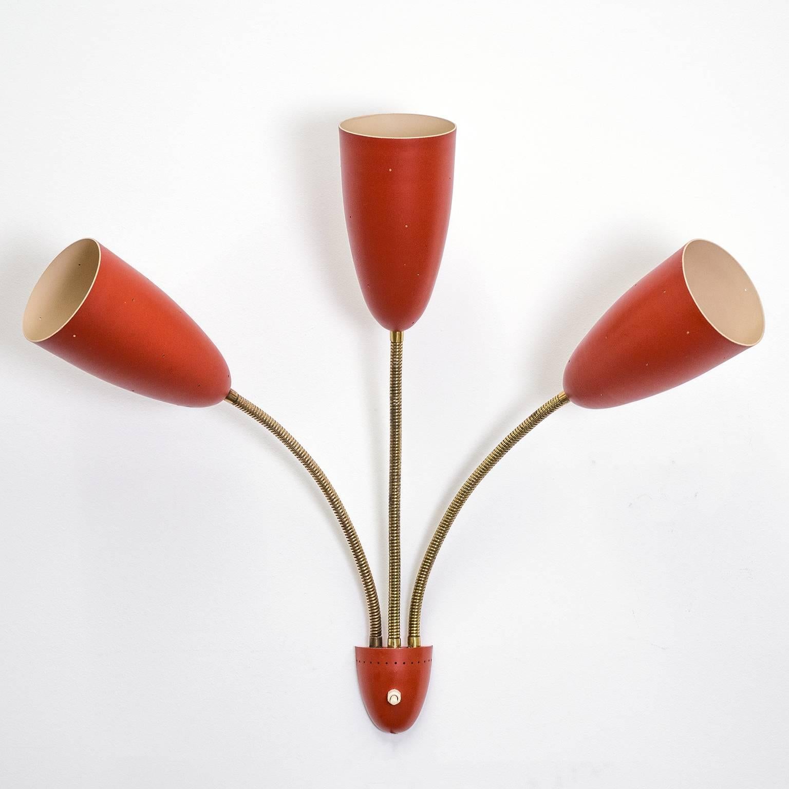Large Three-Arm Wall Light with Pierced Red Cones, 1950s 2