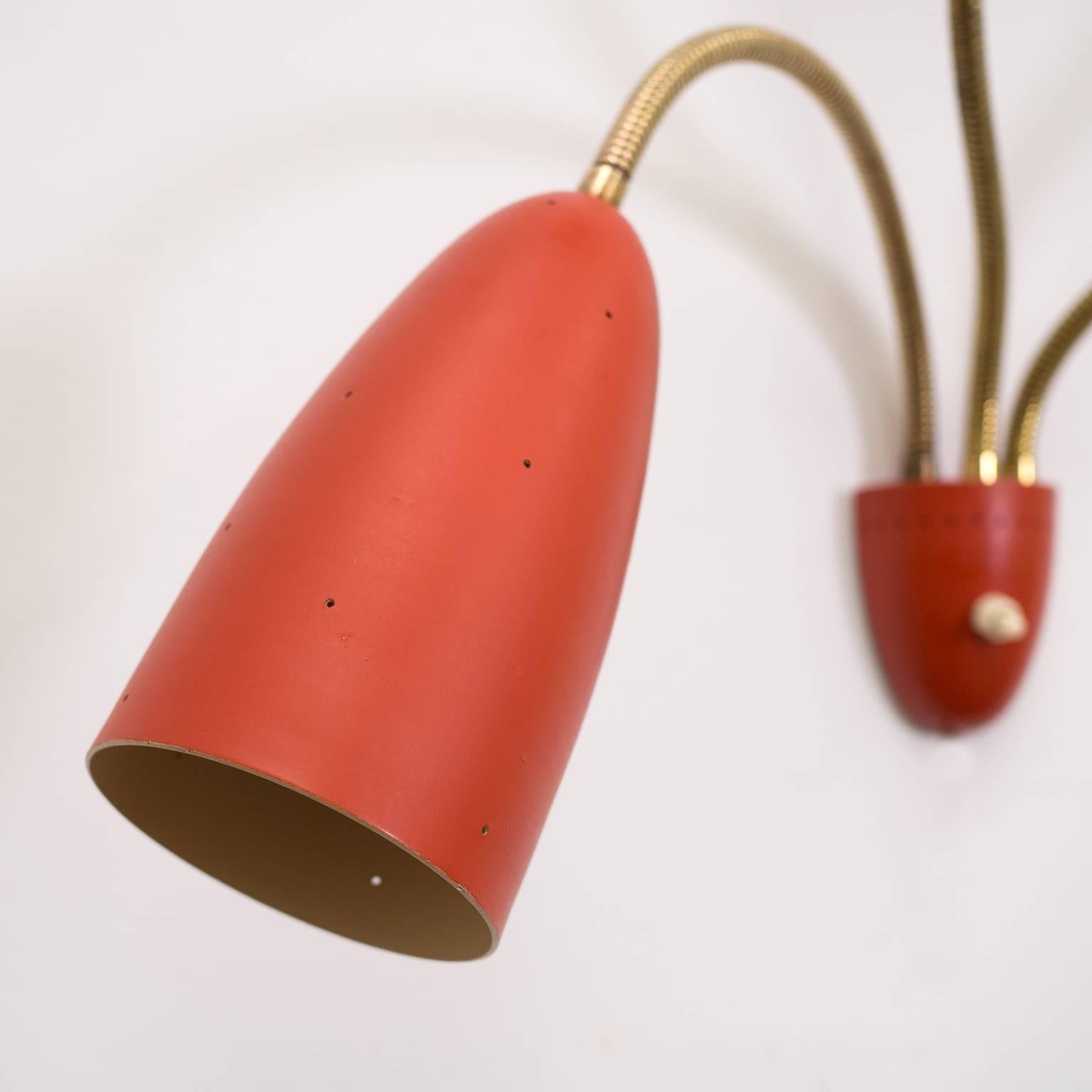 Mid-Century Modern Large Three-Arm Wall Light with Pierced Red Cones, 1950s